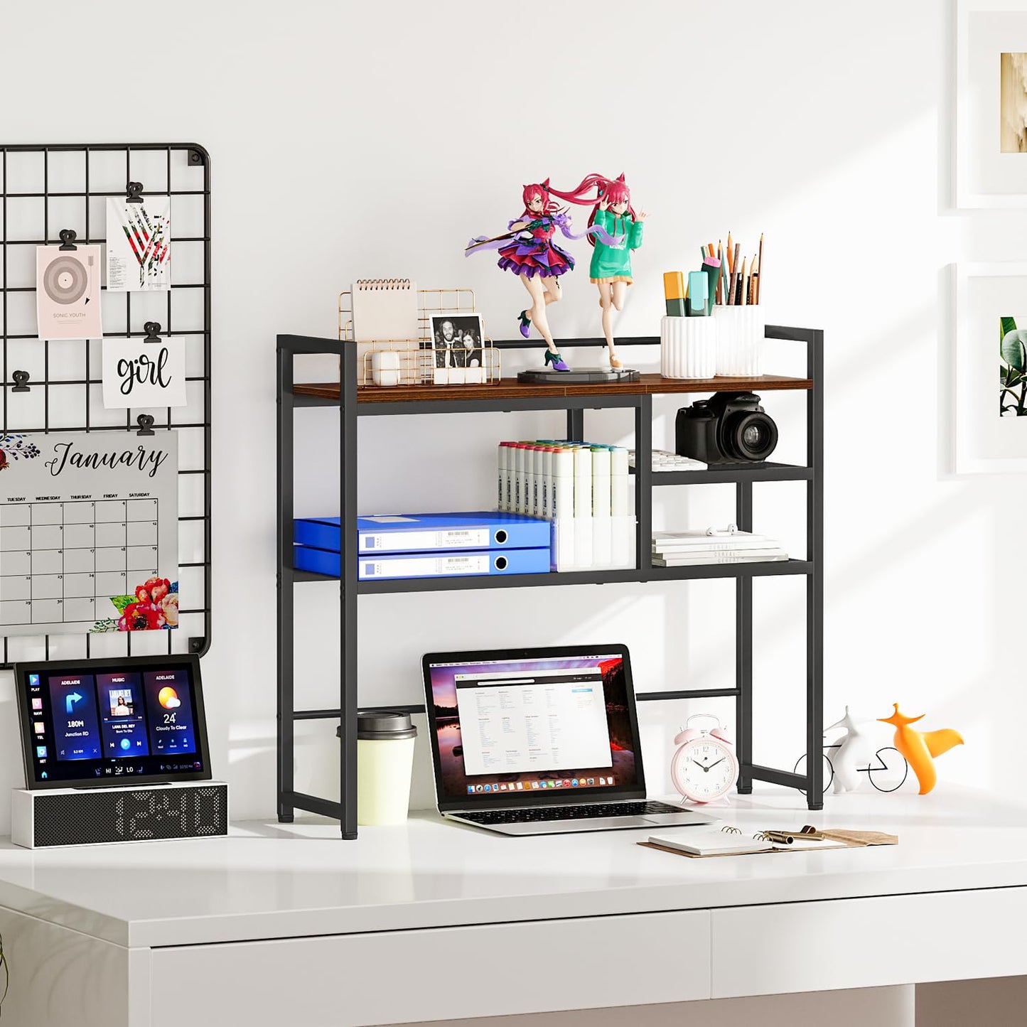 Snughome 31.9" Desk Shelf, Desktop Organizer Shelf, Desk Hutch Dorm, 3-Tier Desk Display Rack, Desktop Bookshelf, Multipurpose Wood Desk Organizer Storage Rack for Home Office Dorm