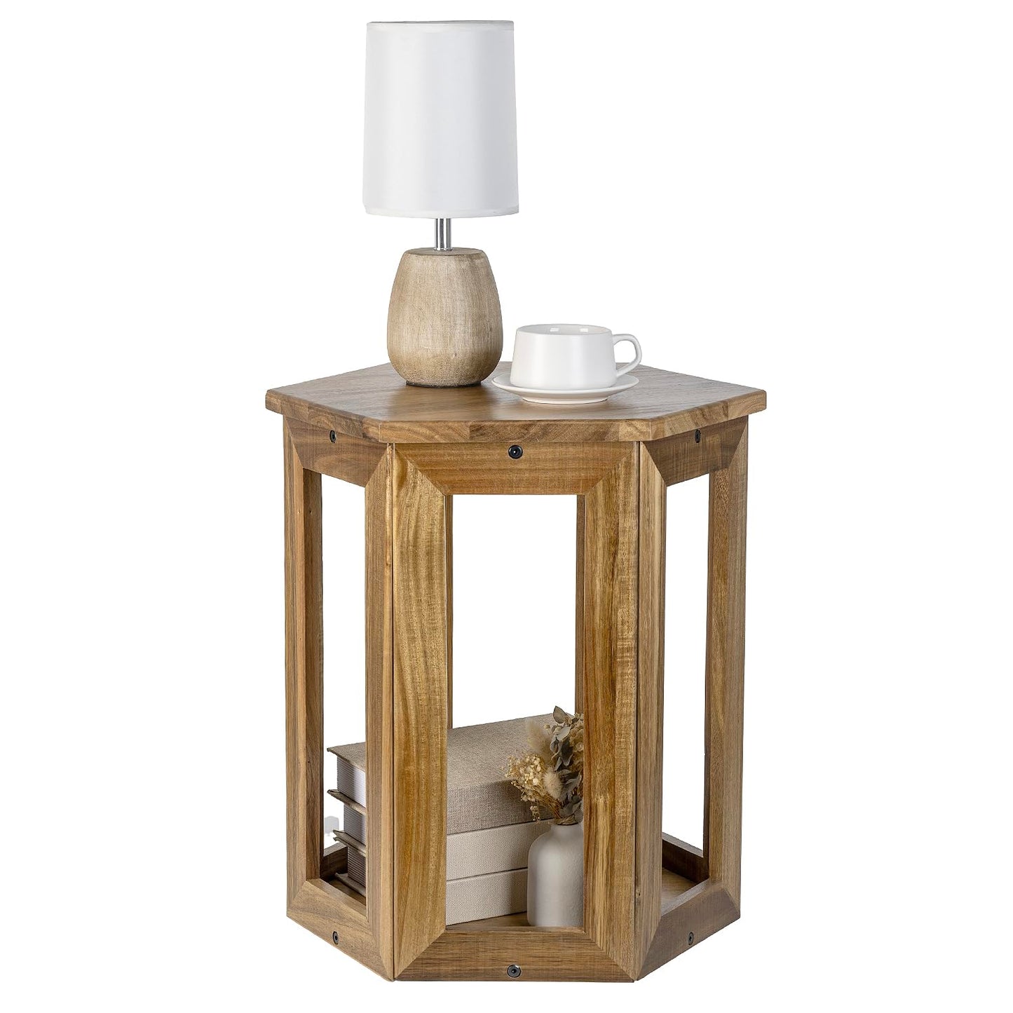MyGift Hexagon Acacia Wood End Table with Shelf – 20-Inch Tall Small Side Table for Living Room or Bedroom