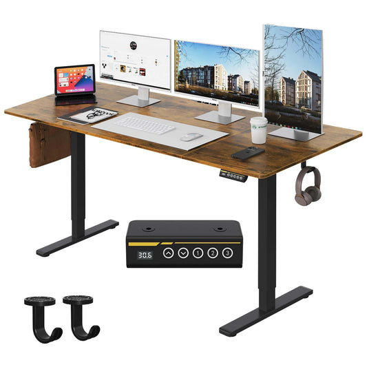 Gamork Large Electric Standing Desk,63x28 Inches Adjustable Height Stand up Desk, Sit Stand Home Office Desk, 3 Preset Heights,Equipped with Hooks,Ergonomic Computer Desk Workstation，Brown