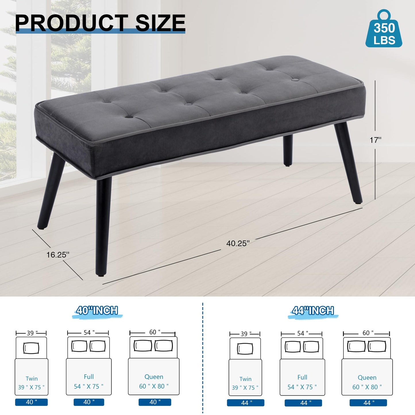 UDAX 40'' Upholstered Bench, Entryway Ottoman with Wooden Legs for Living Room, End of Bed Bench
