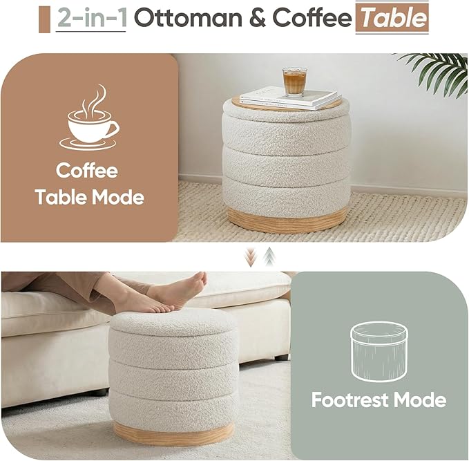 Round Storage Ottoman with Reversible Tray Lid, Folding Chenille Fabric
