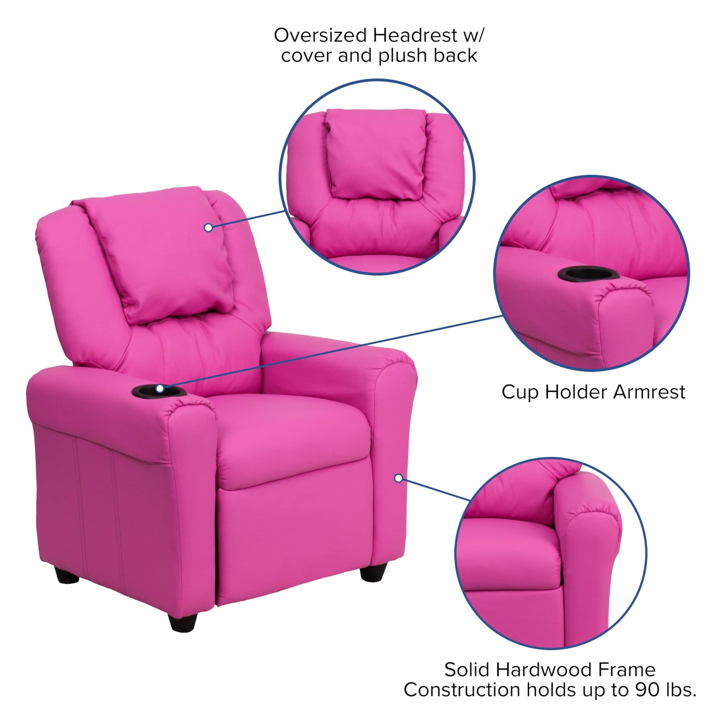 Flash Furniture Vana Vinyl Kids Recliner with Cup Holder, Headrest, and Safety Recline, Contemporary Reclining Chair for Kids, Supports up to 90 lbs., Hot Pink