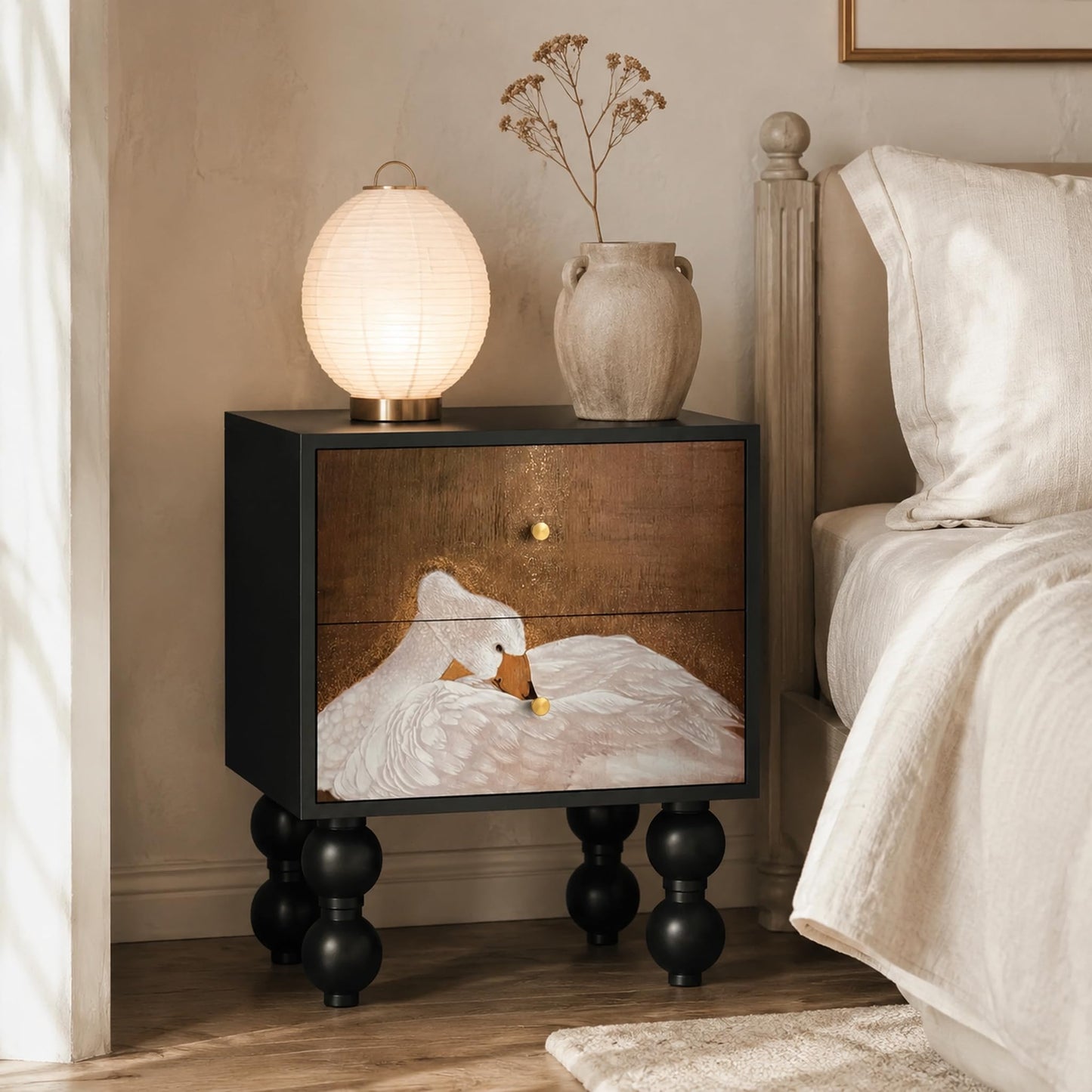 Pine Wood Art Panel Nightstand with Swan Art Pattern, 2 Drawer Turned Legs Bedside Table, Easy Assembly Artistic Bedroom Storage Cabinet