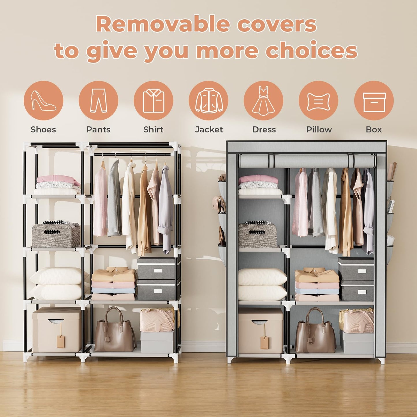 VTRIN Wardrobe Closet, 41.7 Inch Wide Portable Closets for Hanging Clothes with 1 Hanging Rod, 6 Shelves, 6 Pockets, Clothes Rack with Cover Portable Wardrobe Closet for Bedroom, Dorm, Grey