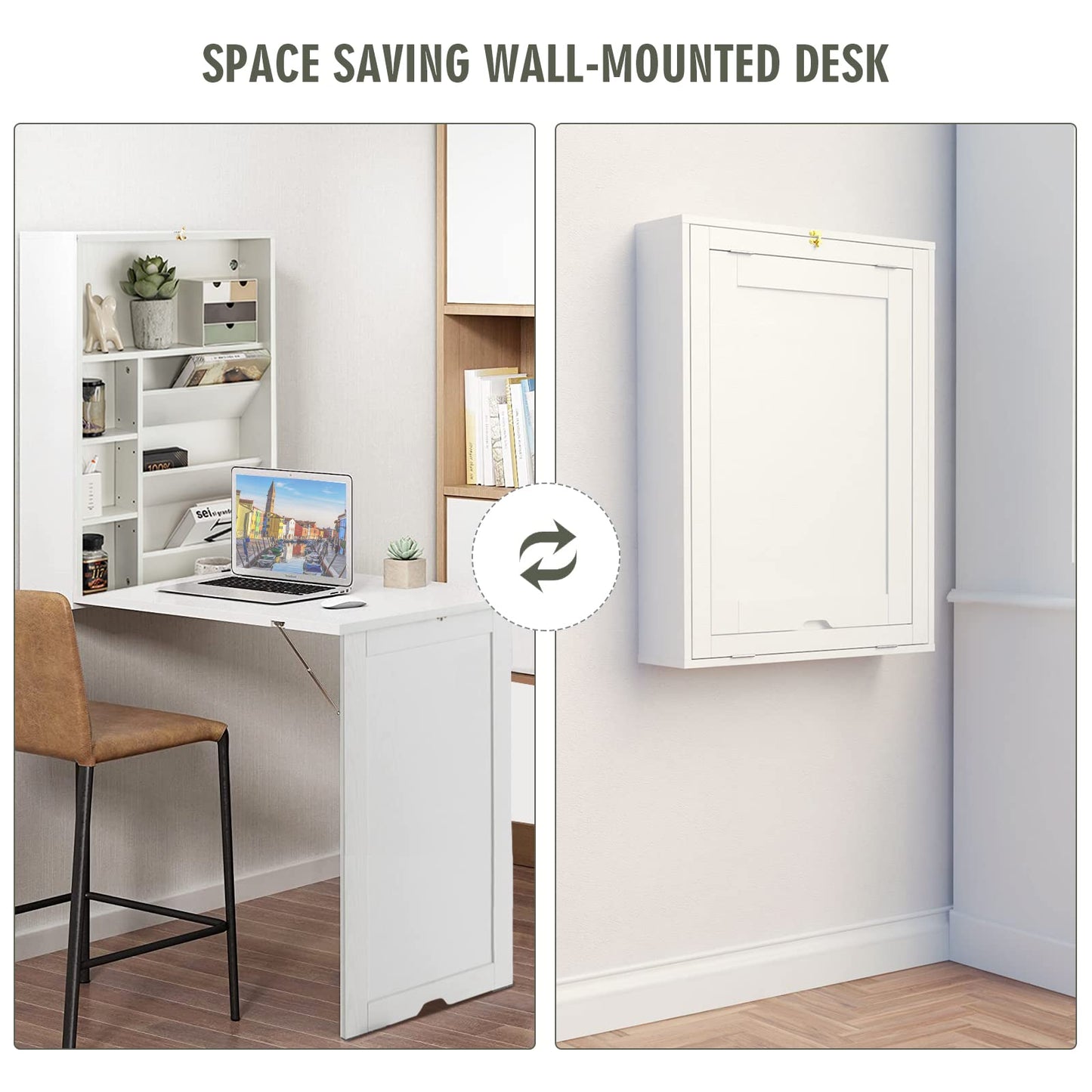 Nightcore Wall Mounted Table w/Classified Storage Space, Foldable Multiple-Purpose Desk, Sturdy Wood Structure, Floating Convertible Desk/Cabinet for Apartment, Narrow Place and Limited Room (White)