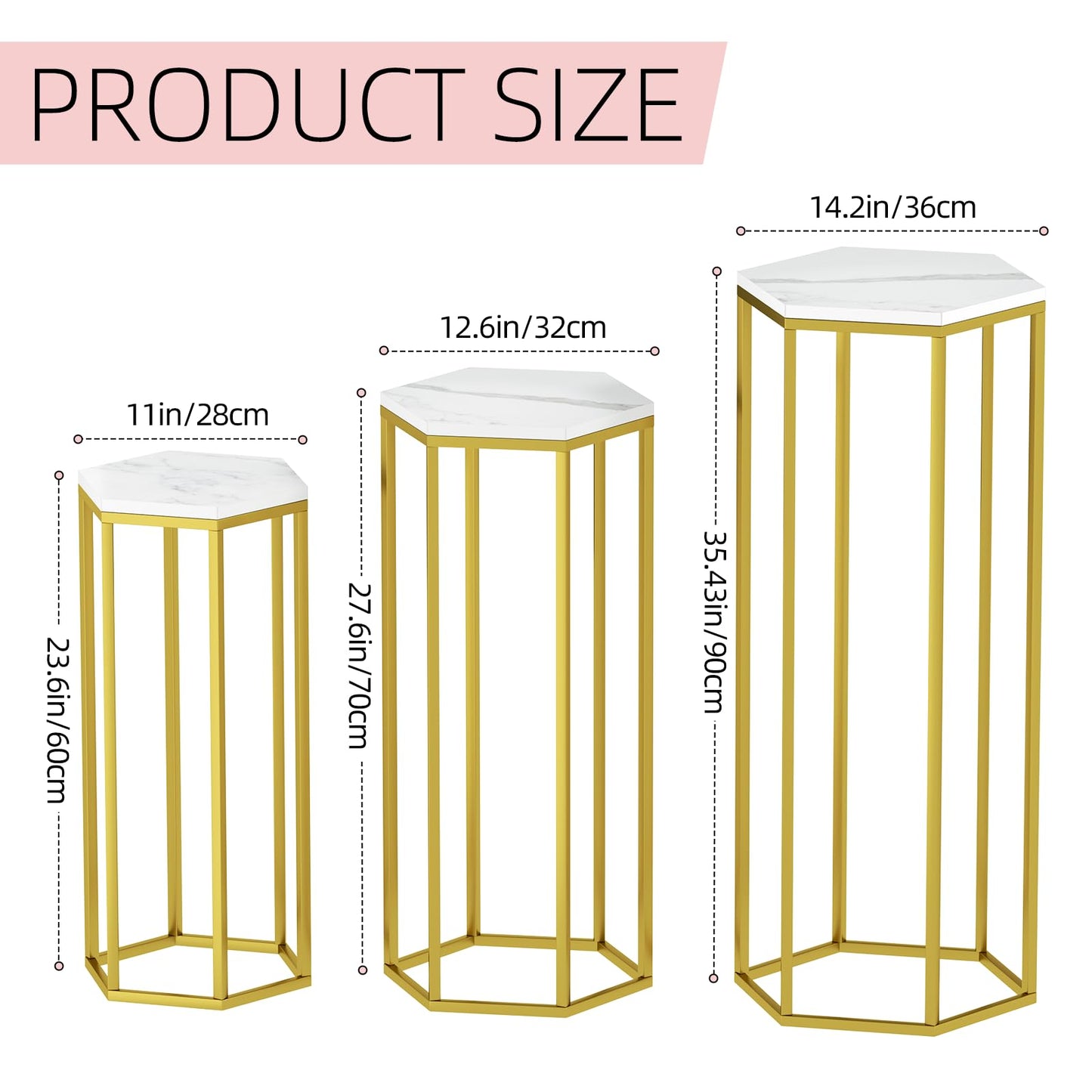 Urban Deco Cylinder Stands for Party, Set of 3 Gold Metal Hexagon Cake Pedestal Stand with Wooden Marbled Countertop, Flower Plant Pedestal Stands for Display Parties Wedding Birthday Decor, 3PCS, Gold