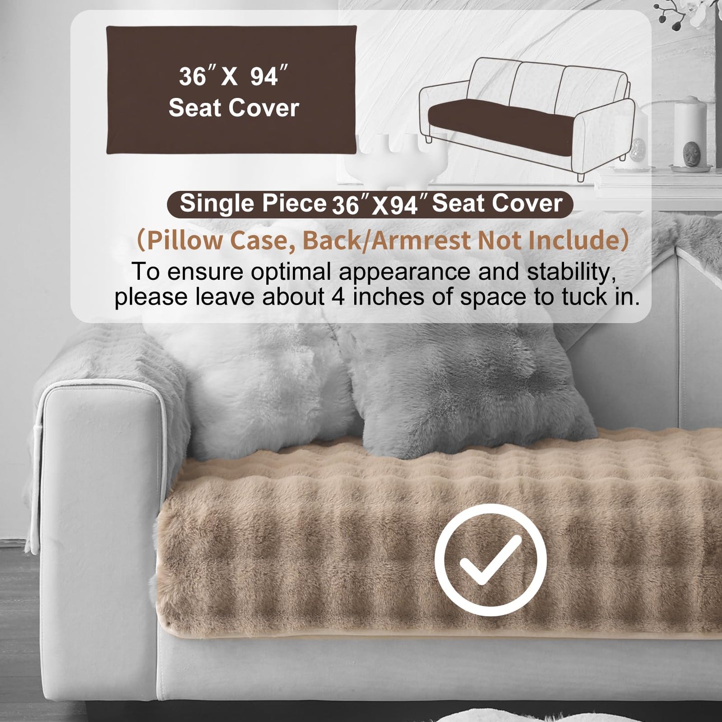 Aucrovee Soft Plush Faux Fur Couch Cover, Thick Warm Fuzzy Sectional Sofa Covers for 3 Cushion Couch Sofa L Sharped Sofa Non Slip Slipcover, Furniture Protector Covers for Pets(1 PCS 36"x94" Khaki)