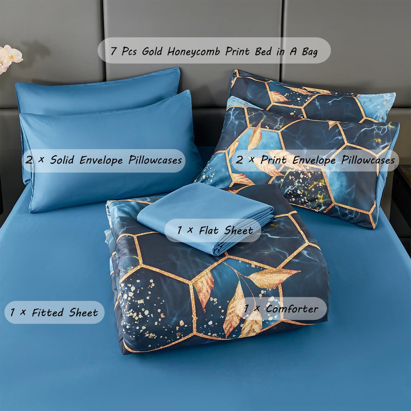 ZRNBAST 7 Pieces King Comforter Set with Sheets Drak Blue Geometric Honeycomb Bed Set Lightweight Gold Trim Print Marble King Size Quilt Set for Women Men(Royal Blue, King)