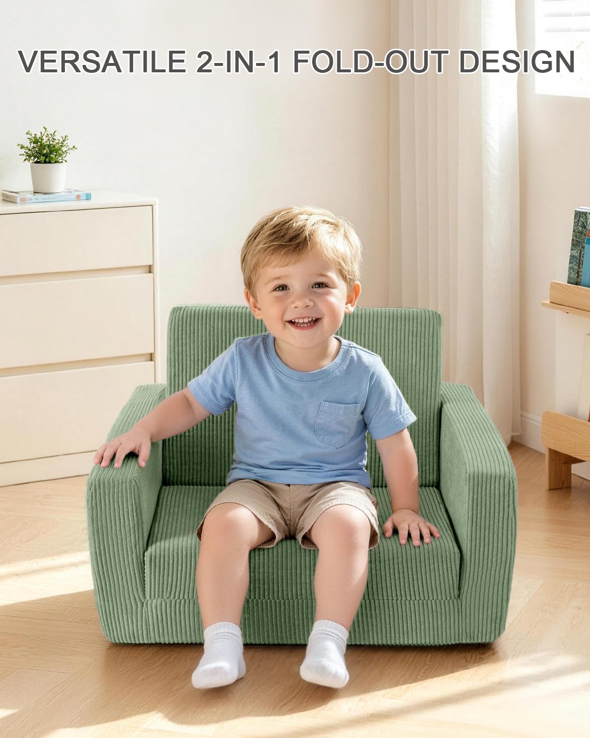 Jouha Kids Chair and Couch, 2-in-1 Fold-Out Kids Sofa, Soft Convertible Seating, Comfy Kids Chair for Boys and Girls,Green