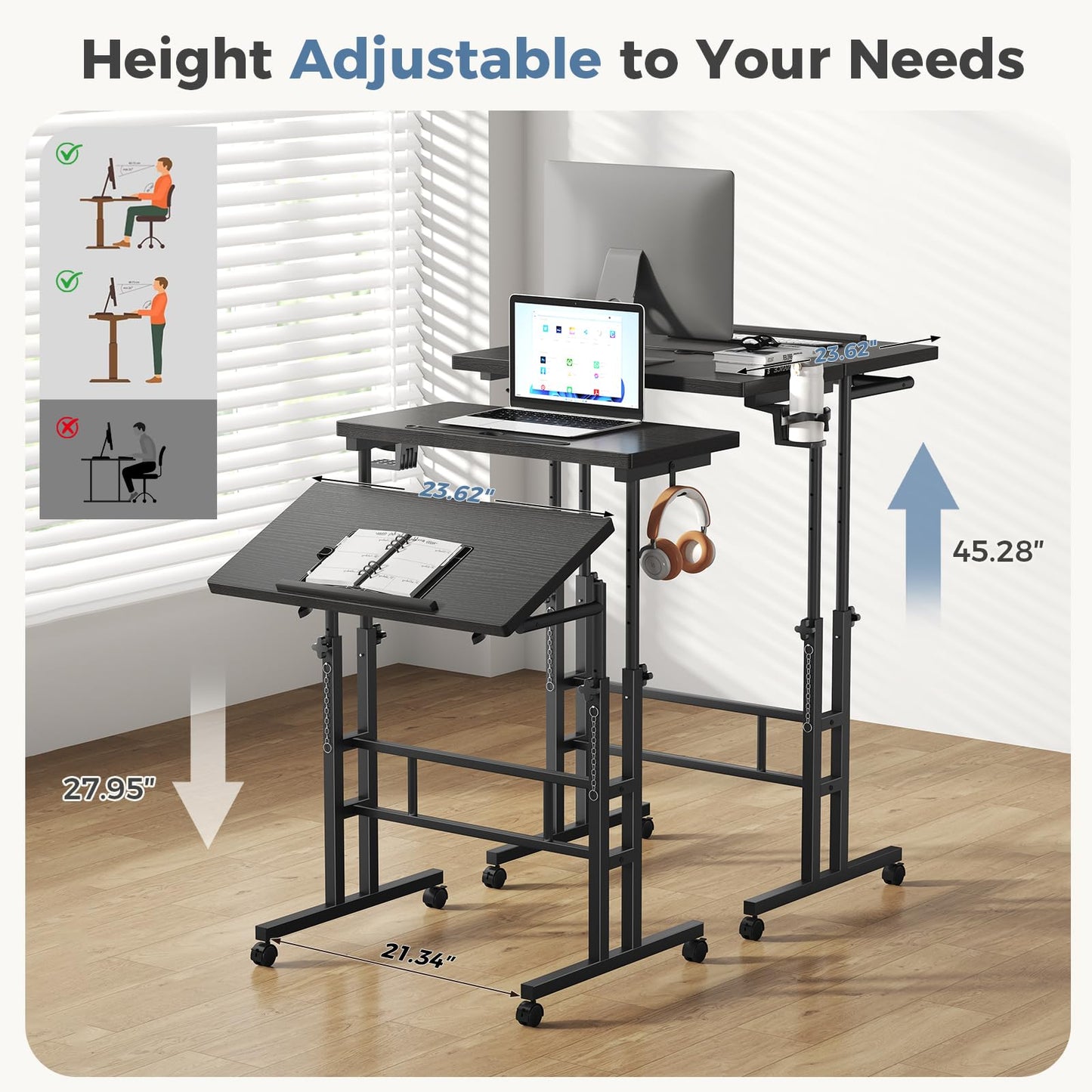 DUMOS Split Top Rolling Standing Desk 23.6 Inch Mobile Laptop Workstation Manual Height Adjustable Sit Stand Office Table Walking Pad Study Surface Portable Home Office Computer Cart Black