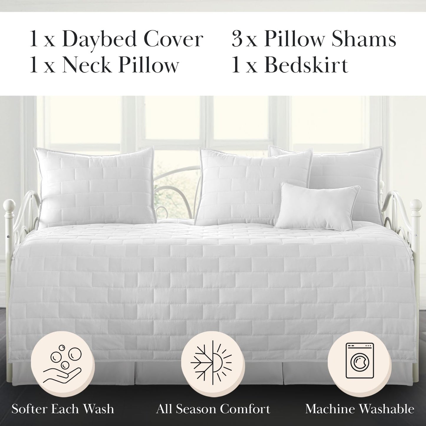 Southshore Fine Living, Inc. Daybed Covers for Twin Bed, 6-Piece Twin Bedding with Daybed Cover Set, 3 Pillow Shams, Bedskirt, Throw Pillow - Day Bed Quilt Sets, Day Bed Covers, Brickyard White