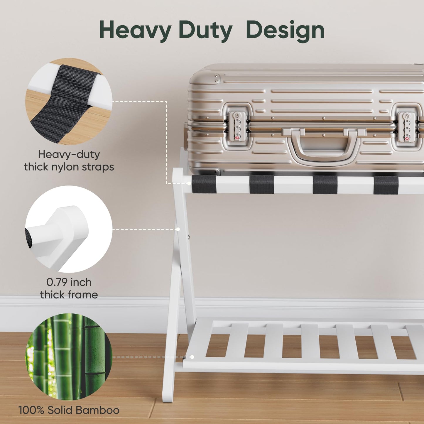 Smart FENDEE Fully Assembled White Bamboo Luggage Rack, 5 Straps Folding Suitcase Stand with Shoe Shelf, Heavy Duty Wood Large Luggage Holders for Guest Room, Bedroom, Hotel