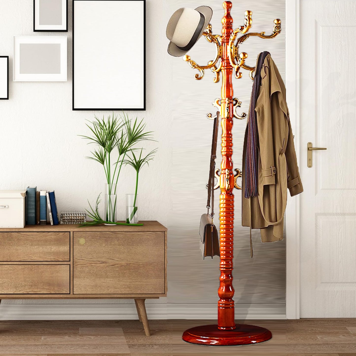 Sauqzoh Coat Racks Free Standing with 14 Hooks, Natural Wood Coat Stands for Entryway, Adjustable Height 73 in Tree Coat Rack Stand for Hallway Home Office Bedroom (Begonia)