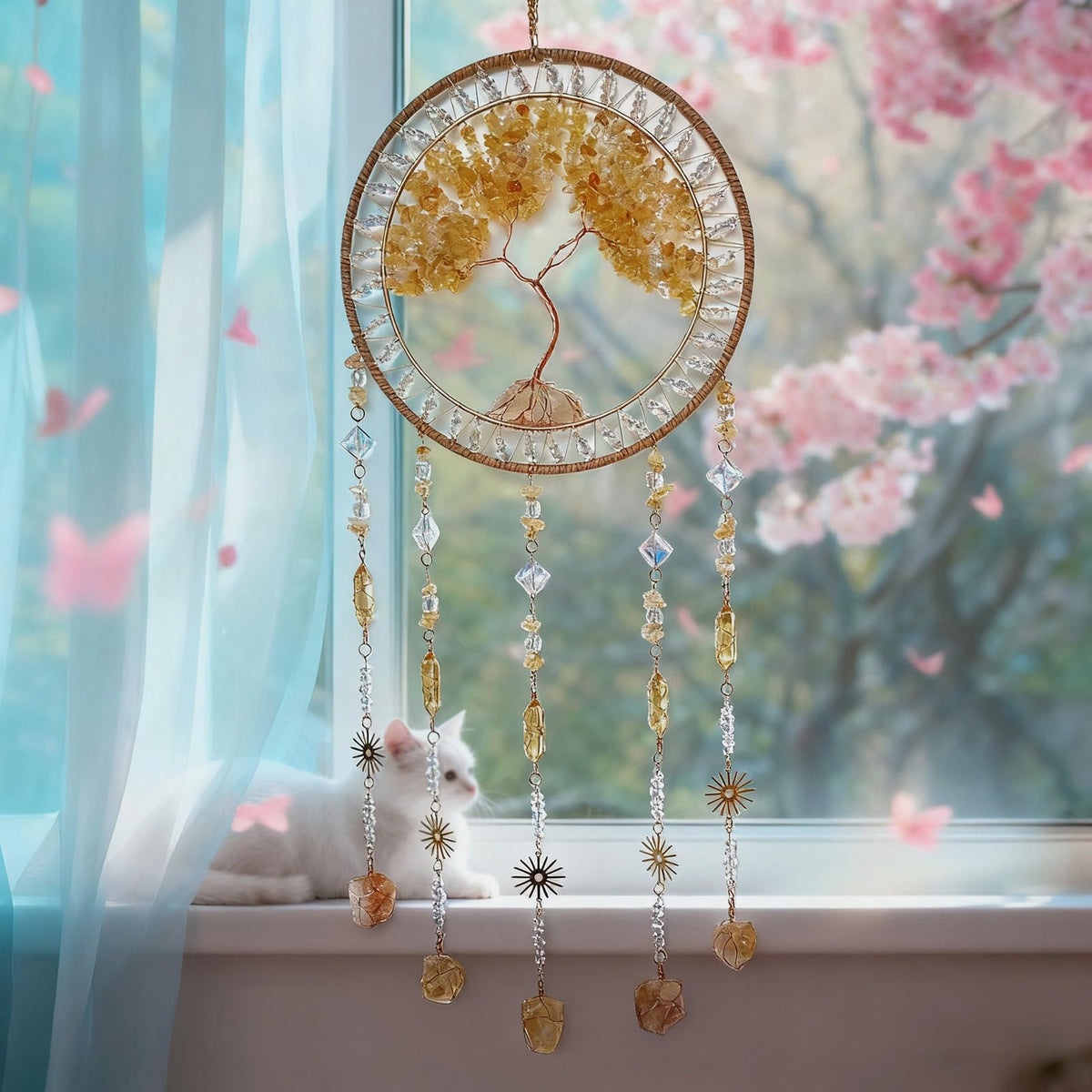 RAGKUU Crystal Tree of Life Dream Catchers with Stone Pendant Yellow Dream Catcher Wall Decor Handmade Dreamcatcher Wall Hanging Ornament for Bedroom Living Room Home Decor