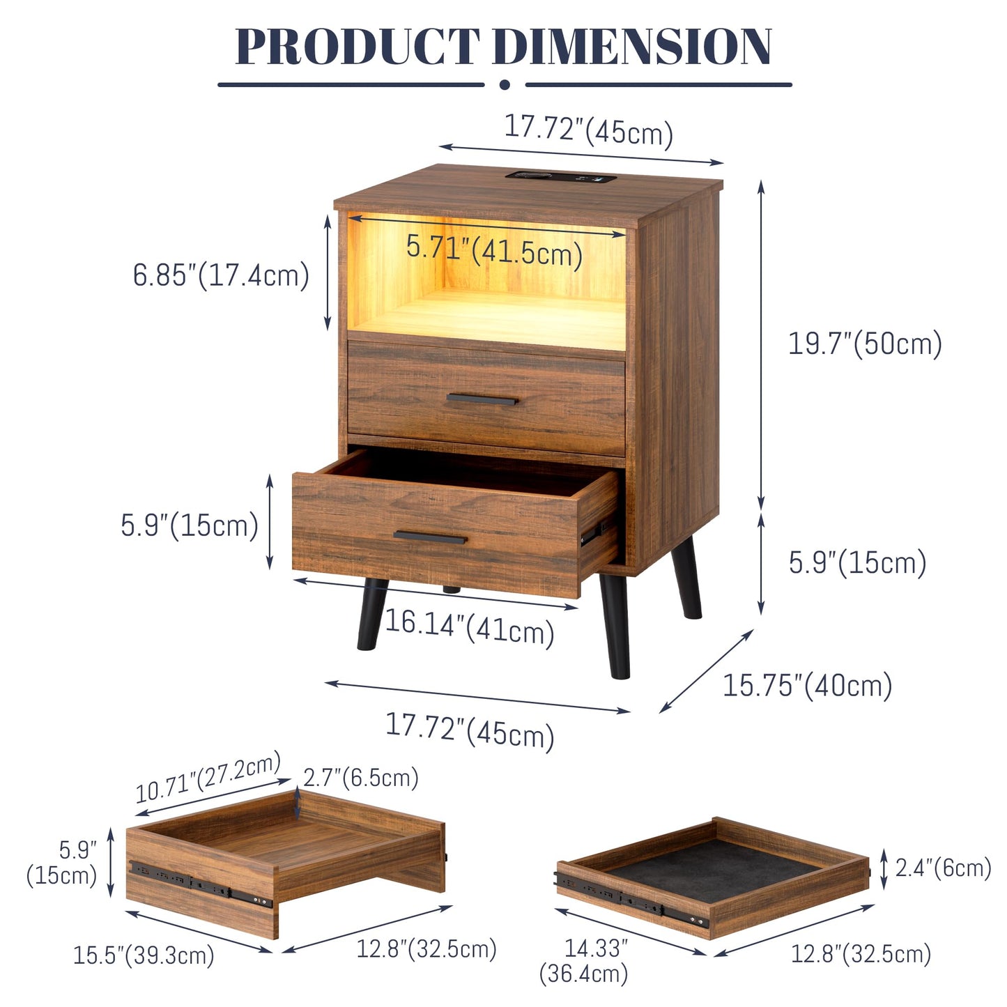 LVSOMT Brown Bedroom Nightstand with Charging Station and LED Lights, Modern Bedside Table with Hidded Drawer, Smart Night Stand with Open Storage Shelf, USB Port, Metal Legs