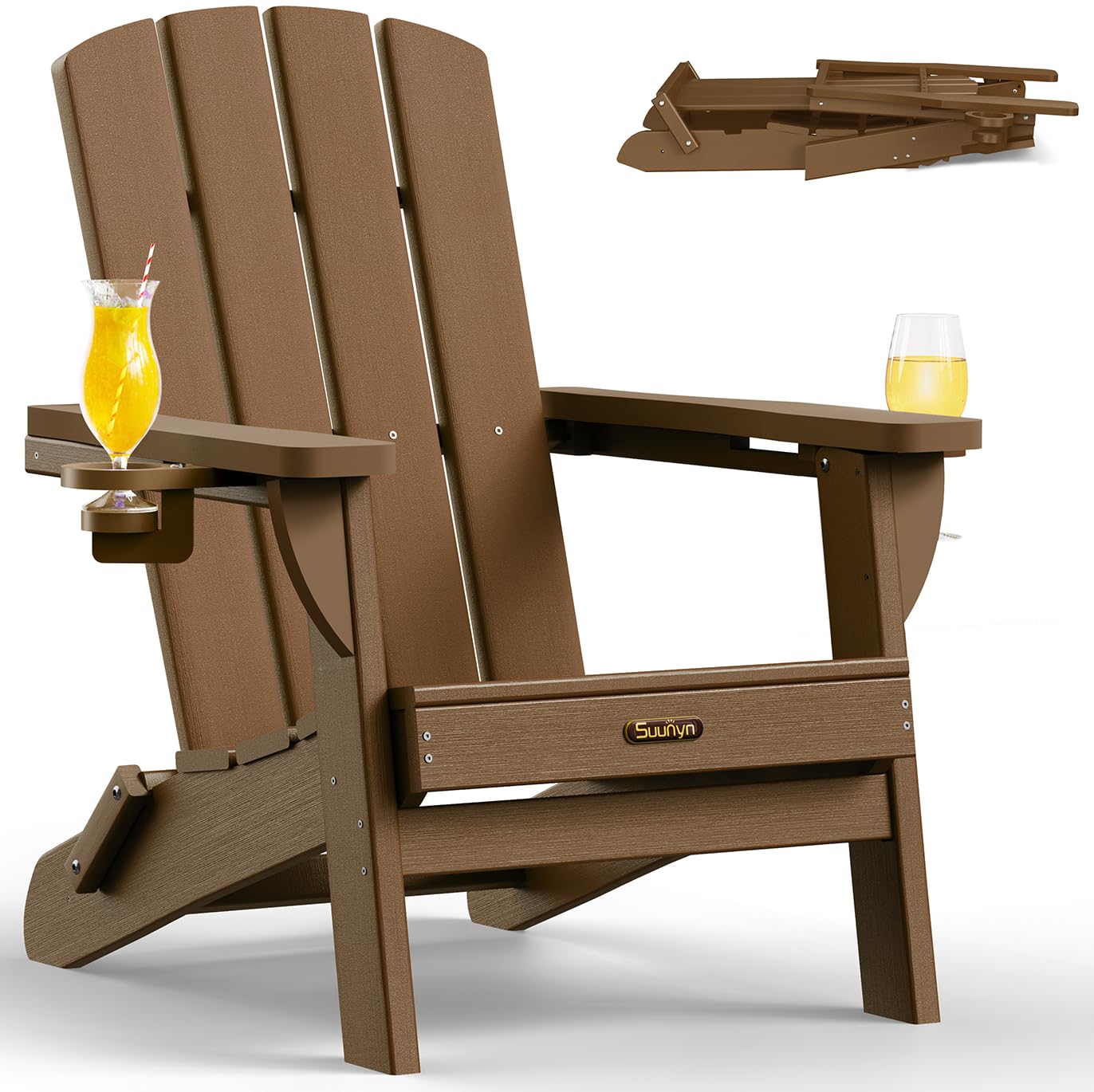 SUUNYN Folding Adirondack Chair, HDPE Adirondack Chairs with 2 Cup Holder, Plastic All-Weather Fire Pit Chairs, Outdoor Lawn Chair for Patio Garden (Brown)