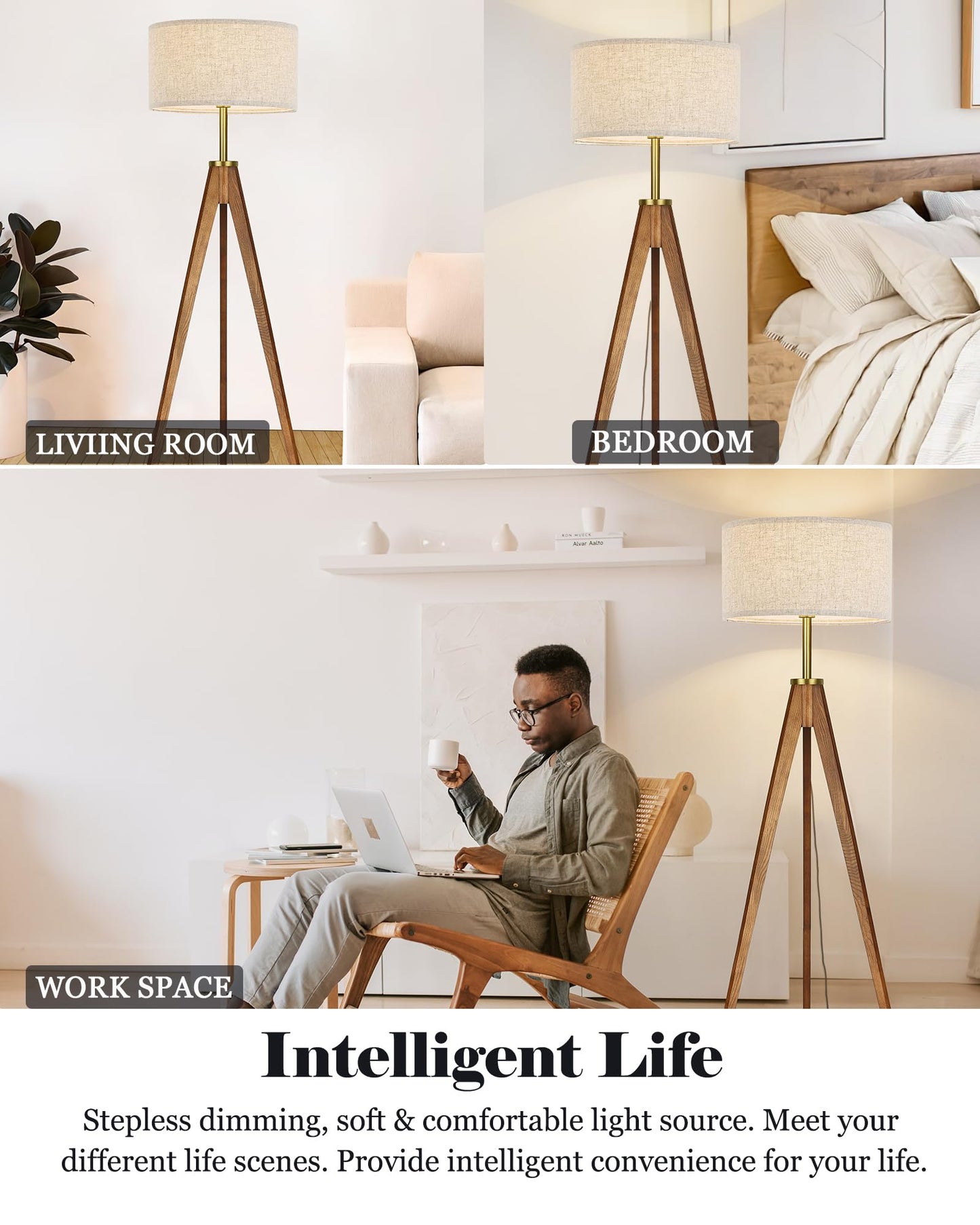 ELYONA Floor Lamp for Living Room, Solid Ash Wood Tripod Floor Lamp with Remote Control, Stepless Dimmable Standing Lamp for Bedroom, Office, Tall Lamp with Linen Shade, Mid Century Modern & Farmhouse