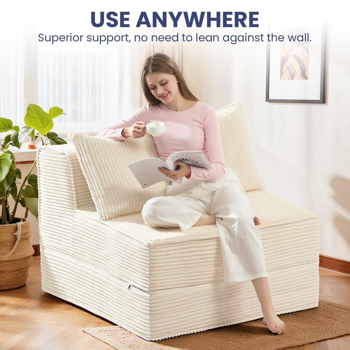 NLDD Convertible Sofa Bed, Fold Out Loveseat Sleeper Sofa Chair with Pillow, Folding Sofa Bed with Back Support, Portable Chair Bed Comfy Floor Lounge Sofa for Living Room Bedroom Guest Room, Beige