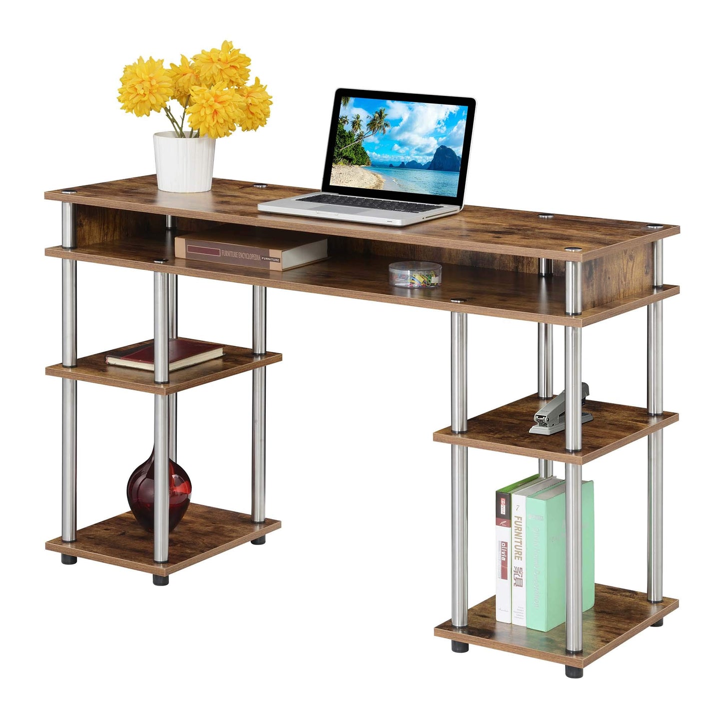 Convenience Concepts Designs2Go No Tools Desk Home Office Desk with Shelves, Corner Shelf Vanity Desk Computer Desk Nail Table for Nail Tech - 47.25" L x 15.75" W x 30" H, Barnwood