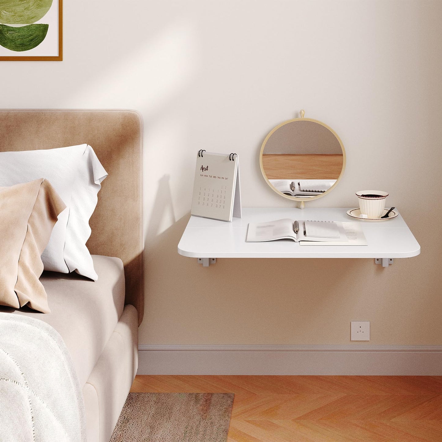 HOOBRO Folding Table, Wall Mounted Desk, Floating Wall Desk with Iron Bracket, Drop Leaf Table for Small Spaces, for Kitchen, Laundry Room, Home, Office, White WT054BZ01