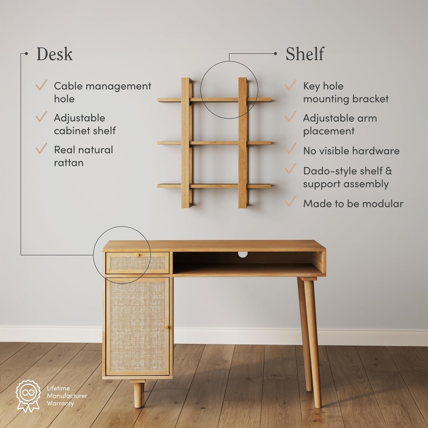 Nathan James Aaron Desk Wall Unit, Desk and Bookshelf Set, Boho Desk and Wall Mount Bookcase Set with Rattan Webbing, Warm Pine