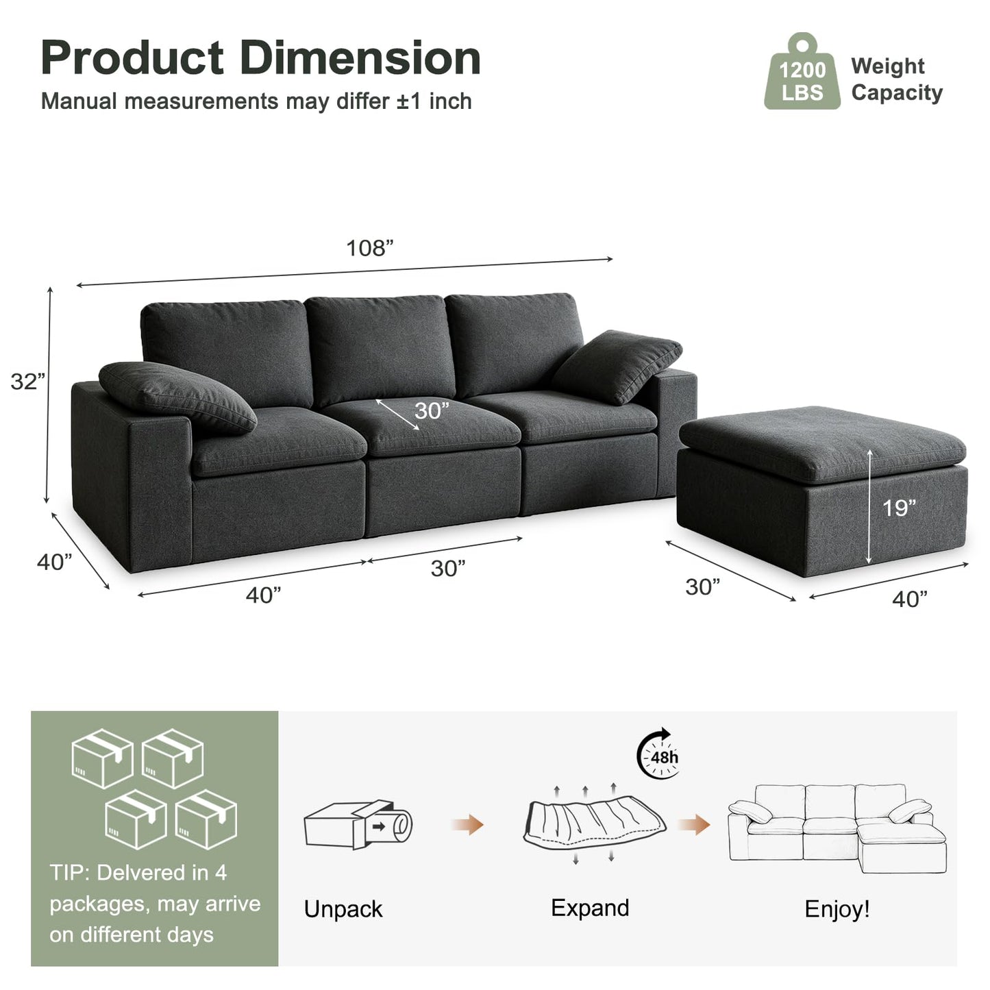 Nigoone 108" Sectional Couches for Living Room, Adjustable Sofa Backrest, Modular Cloud Sofa with Ottoman, Convertible L Shaped Boneless Couch, 4 Seater, Dark Grey Chenille, No Assembly