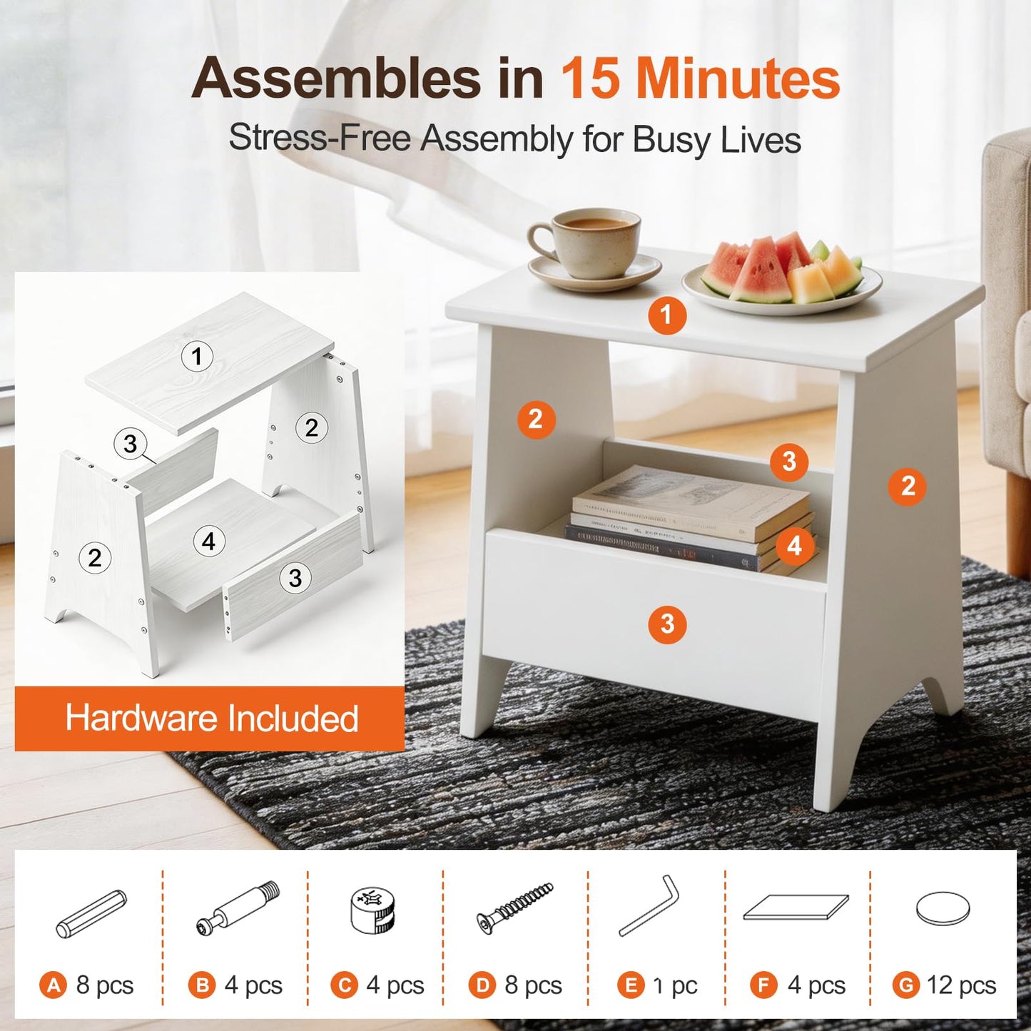 King Oasis Small Storage Stool with Flat Top, 15.7" Modern Footstool Ottoman for Living Room & Bedroom, Narrow Shoe Bench/Side Table for Entryway, Bathroom, Bedroom and Small Spaces, White
