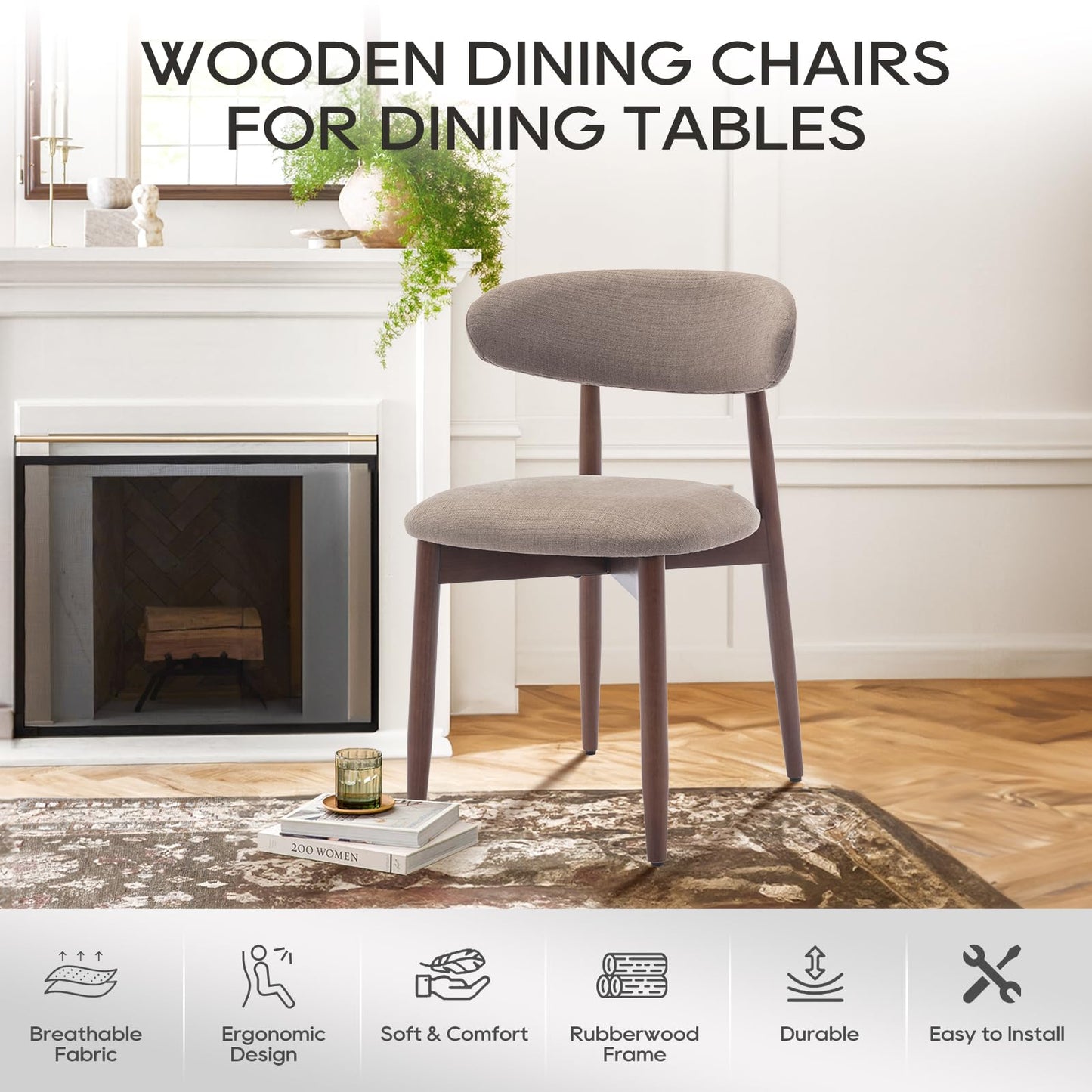 COLAMY Wooden Dining Chairs Set of 4, Modern Fabric Upholstered Dining Room Chair, Farmhouse Kitchen Chairs with Foot Pegs, Camel