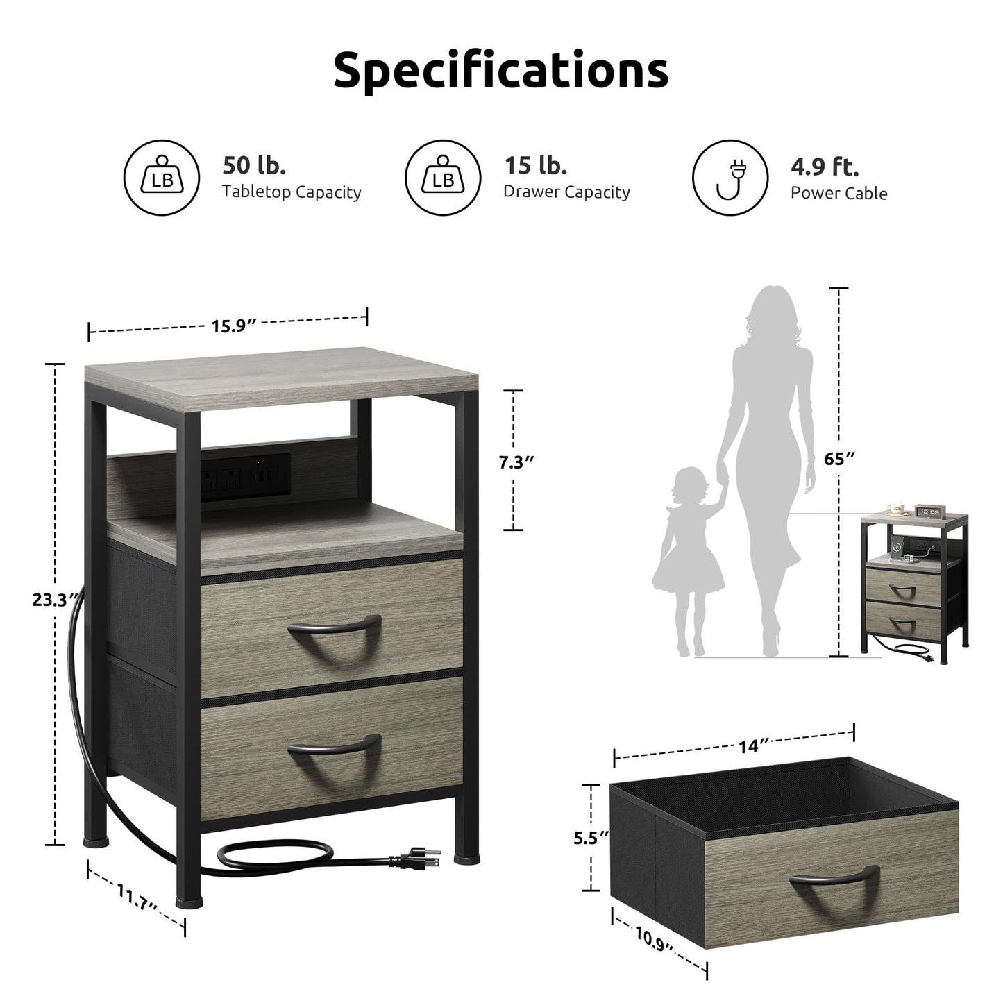 Lazzanto NightStand Bedside Charging Table Bedroom - Night Stand with Charger Station, Modern Nightstand with Open Shelf & 2 Fabric Drawers, End Table with USB-C USB Ports & AC Outlets for Dorm, Grey