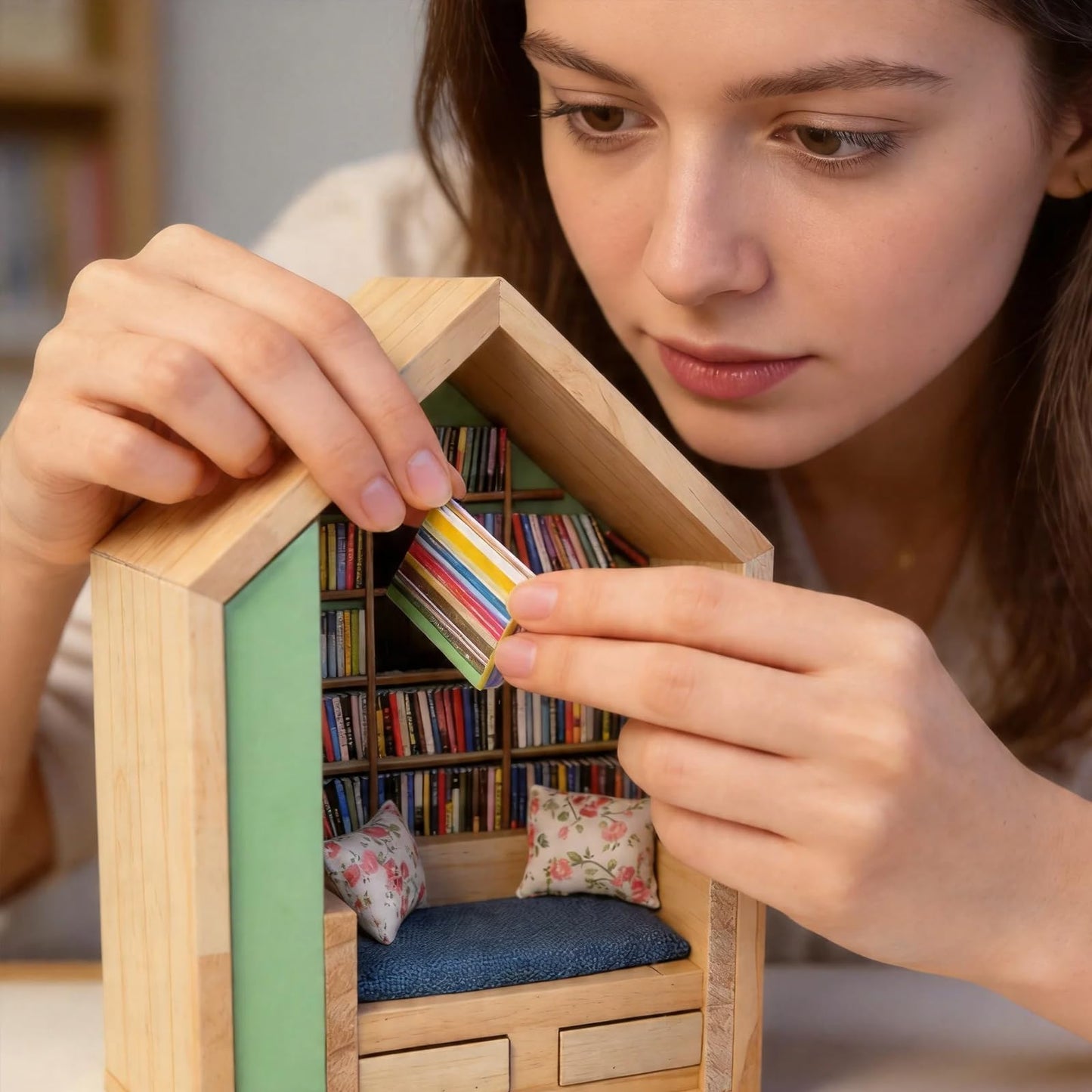 NaiSooten Anxiety Bookshelf with 300 Mini Books, Mini Wooden Bookshelf with Reading Nook, Desk Decor Anxiety Relief Bookshelf for Book Lovers(Green)