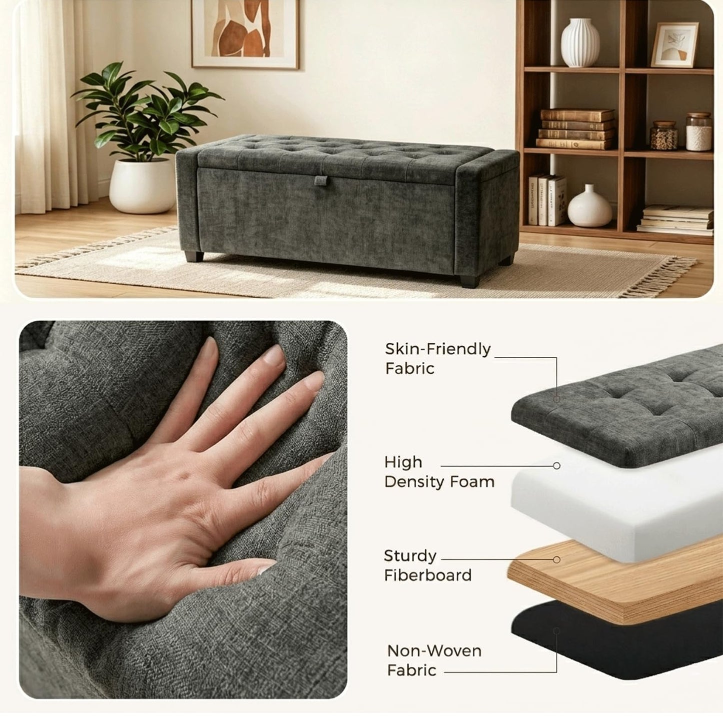 2BYF 47" White Ottoman Bench, Comfort Bed End Storage Bench for Living Room