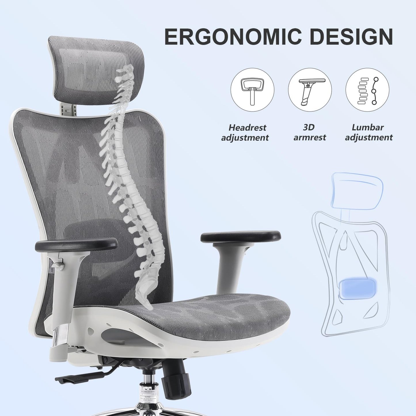 SIHOO M57 Ergonomic Mesh Office Chair, High Back Home Desk Chair with 3D Armrests, Lumbar Support and Adjustable Headrest, Comfortable Computer Chair, Big & Tall Office Chair Hold 330 LBS-Light Grey