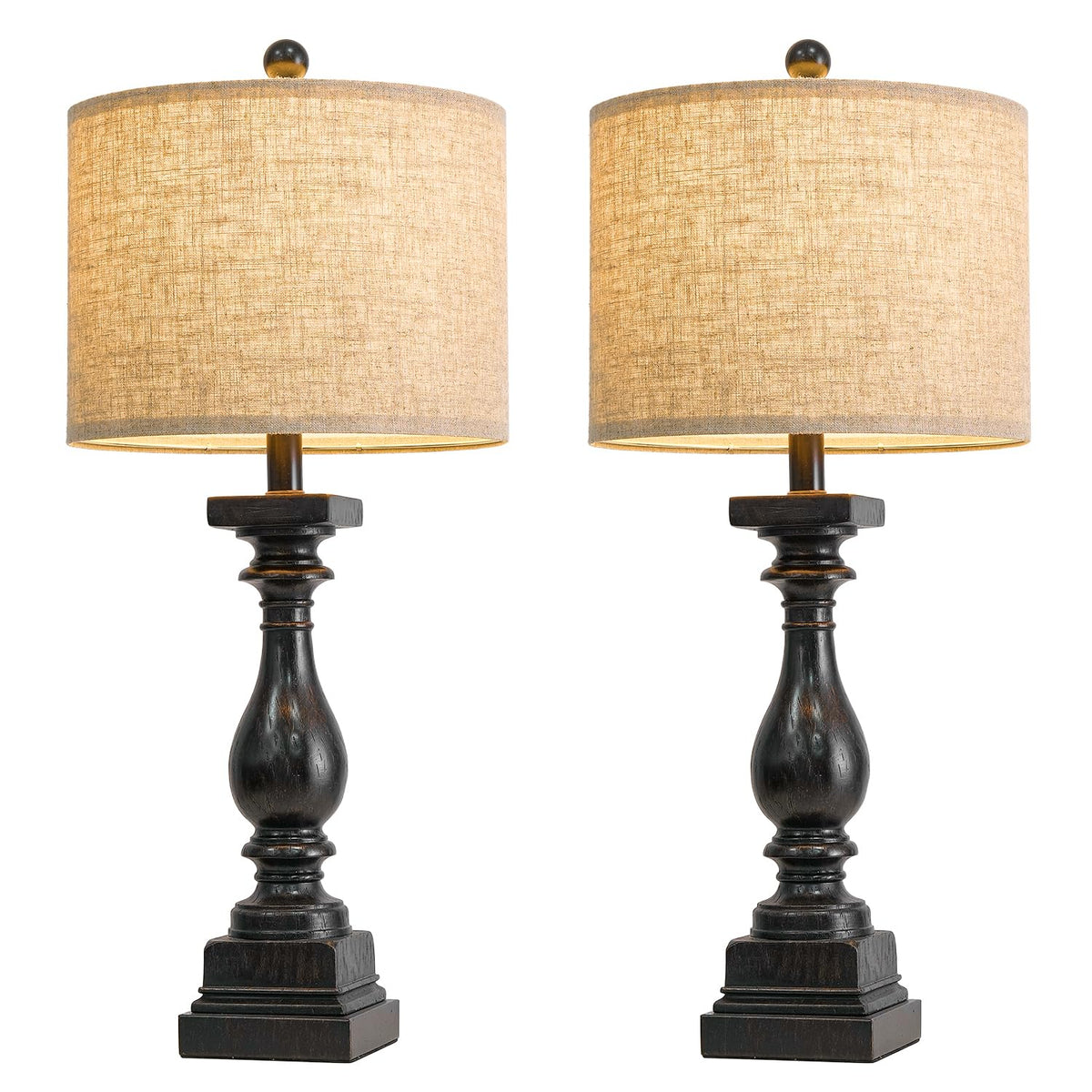 BOBOMOMO 27" Farmhouse Black Table Lamp Set of 2 with USB A+C for Bedroom Living Room Vintage Rustic Traditional Nightstand Bedside Lamps Retro Side Table Lamps (Blubs not Included)