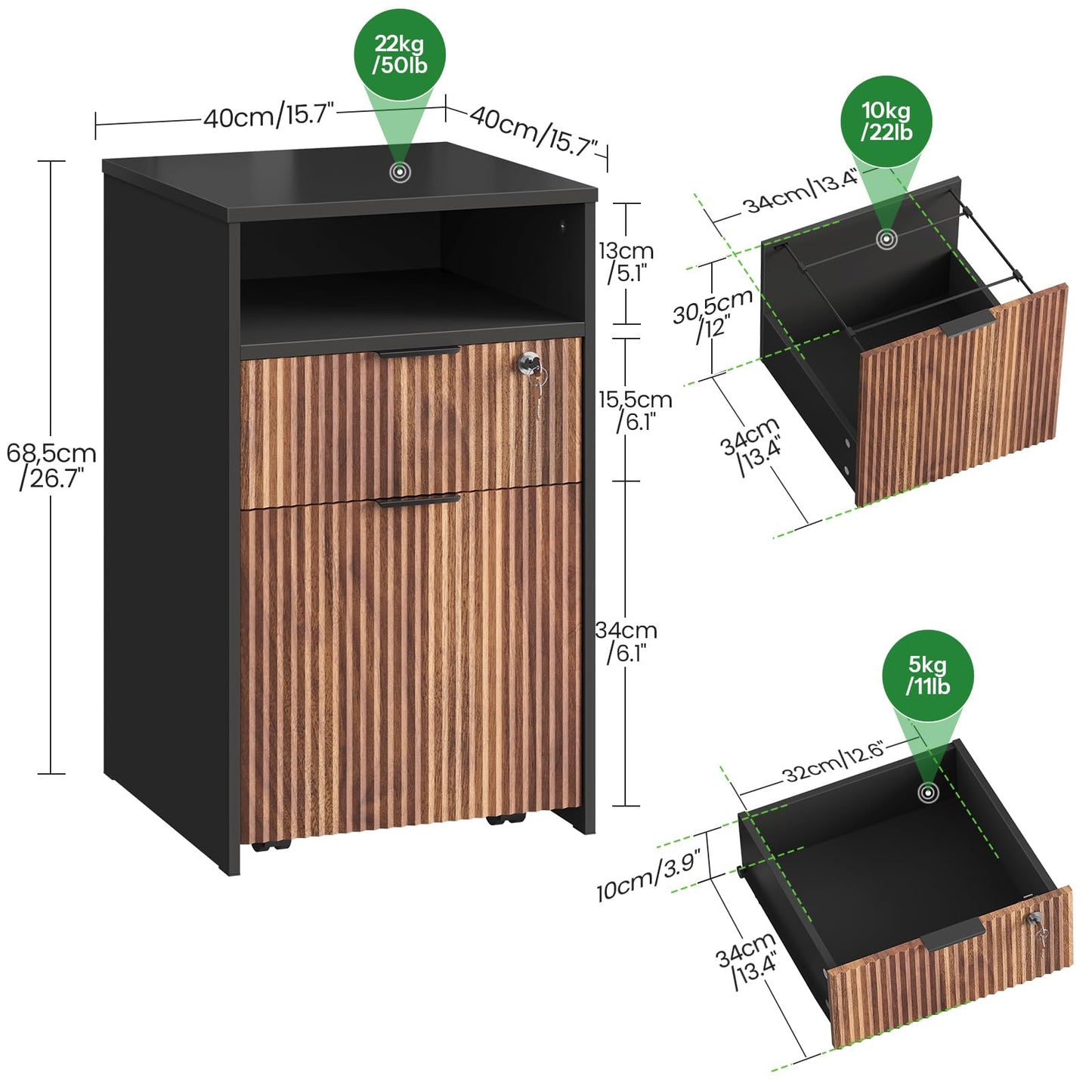CHOEZON File Cabinet, Fluted File Storage Cabinet with Lockable Drawer, Rolling Storage Cabinet on Wheels, Under-Desk Storage, Printer Stand, for Office and Study, Black and Dark Walnut MWJ07BL