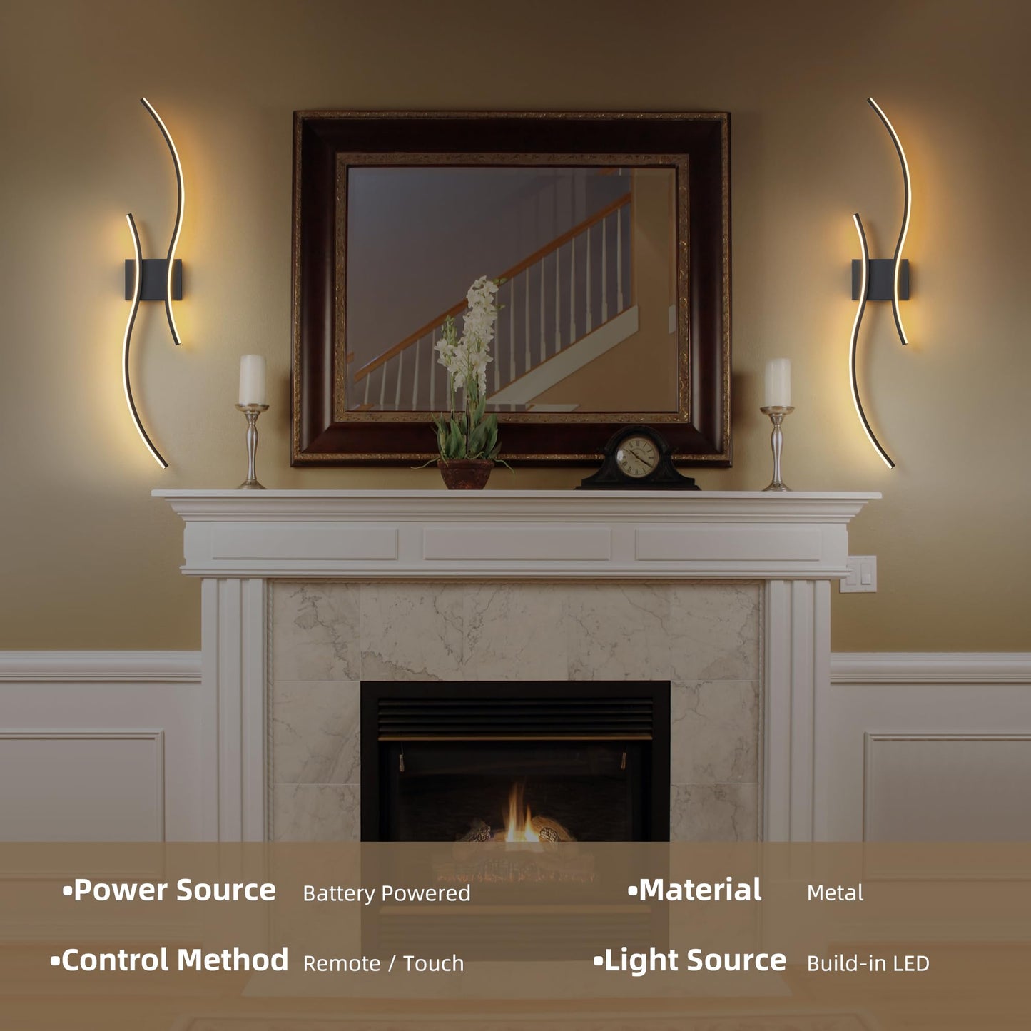 GLOTHOR Battery Operated Wall Sconce Set of 2, Dimmable Modern LED Rechargeable Wall Light with Remote Control, Wall Decor for Living Room, Hallway, Quick Install, No Electrician Required