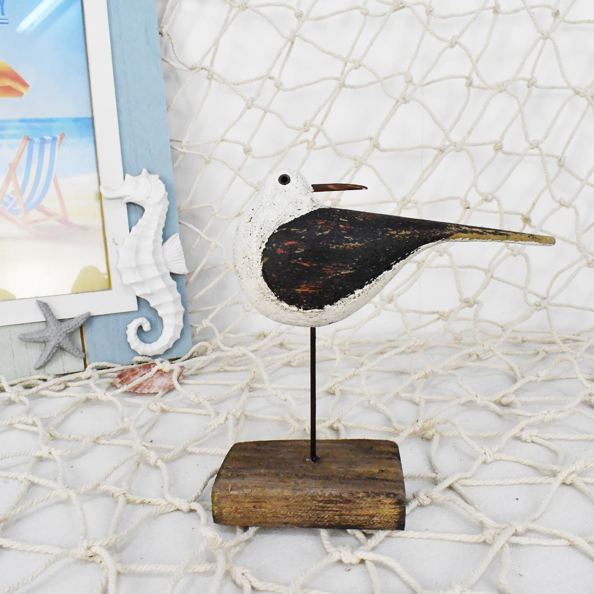 Wood Sea Bird Statue Seagull On Stand Decor Nautical Coastal Bird Sculpture