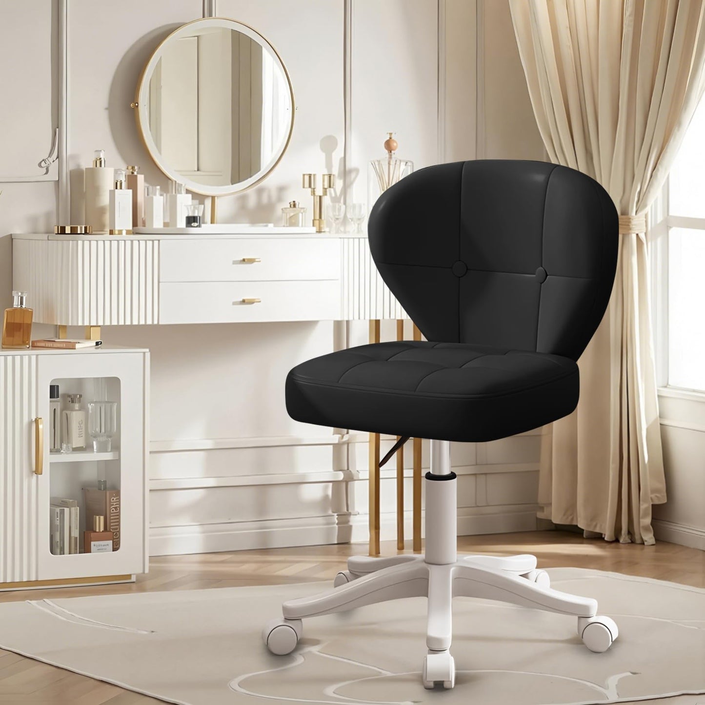 Timbertouch Small Office Chair with Lumbar Support, PU Leather Armless Swivel Desk Chair Adjustable Height, Compact Rolling Chair for Home Office, Bedroom, Study (Black)