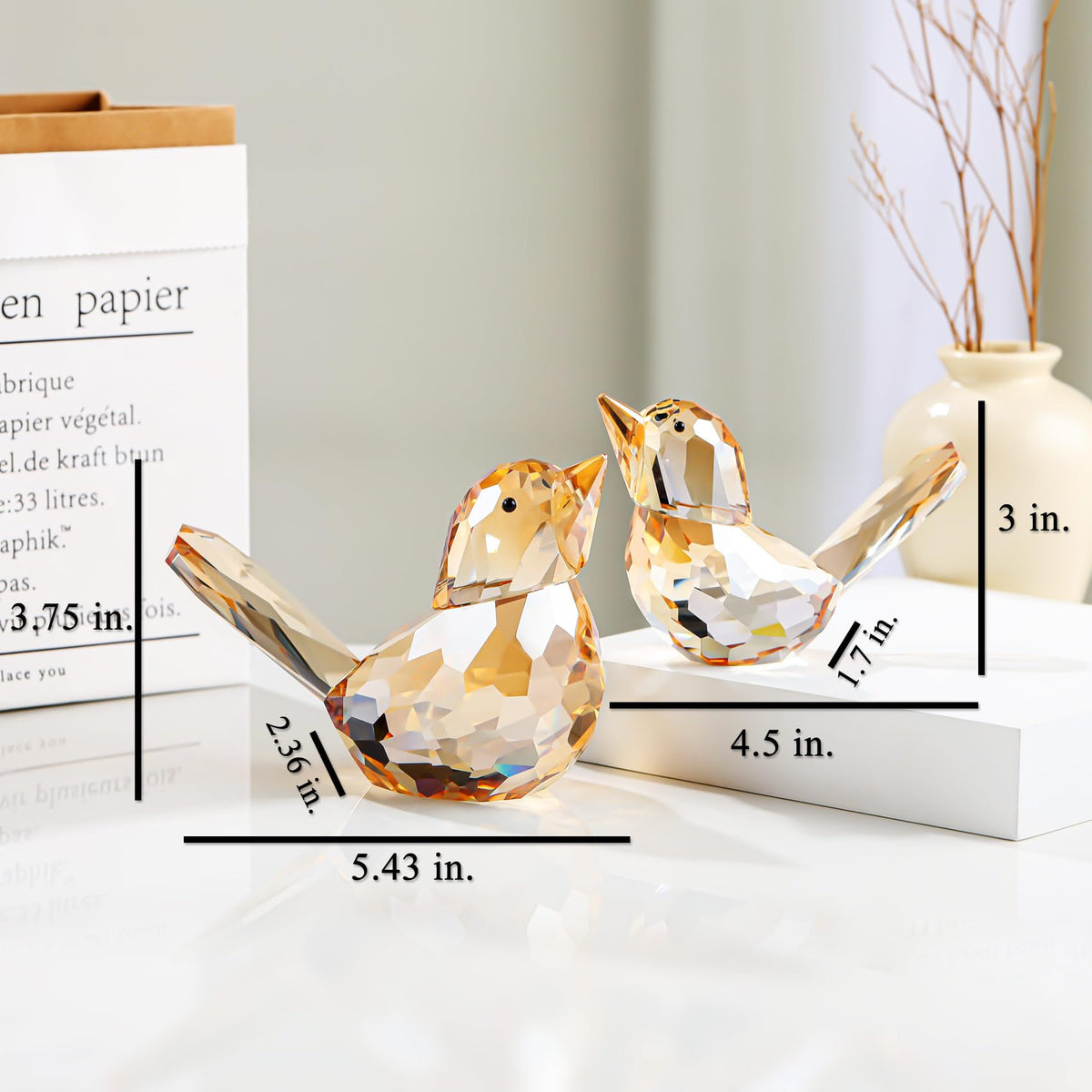 YWHL 2Pcs Champagne Crystal Bird Figurines, Handmade Glass Birds Gifts for Women Men, Art Animals Decorative Ornament Collectible Figurine (Champagne)