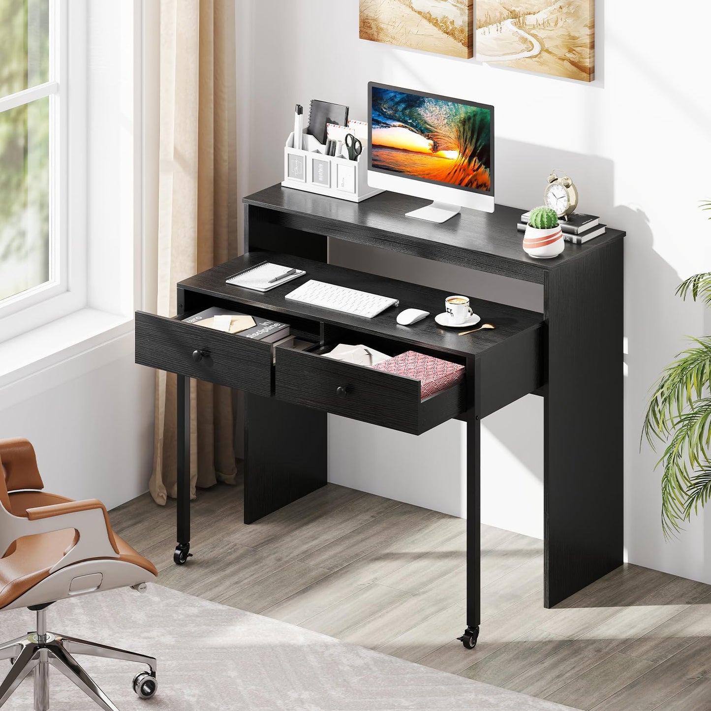 Giantex Small Computer Desk with Hutch & Drawers, Extendable Writing Desk w/Pull Out Secondary Table, Monitor Stand & Rolling Wheels, Console Table, Compact Desk for Small Spaces, Home Office (Black)