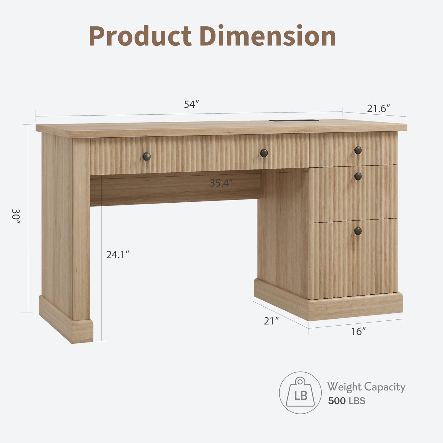 IDEALHOUSE 54 Inch Modern Executive Desk with Charging Station, USB-C/A & 6.56ft Cord - Fluted Office Desk with File Drawers, Computer Desk for Home Office, Burlywood