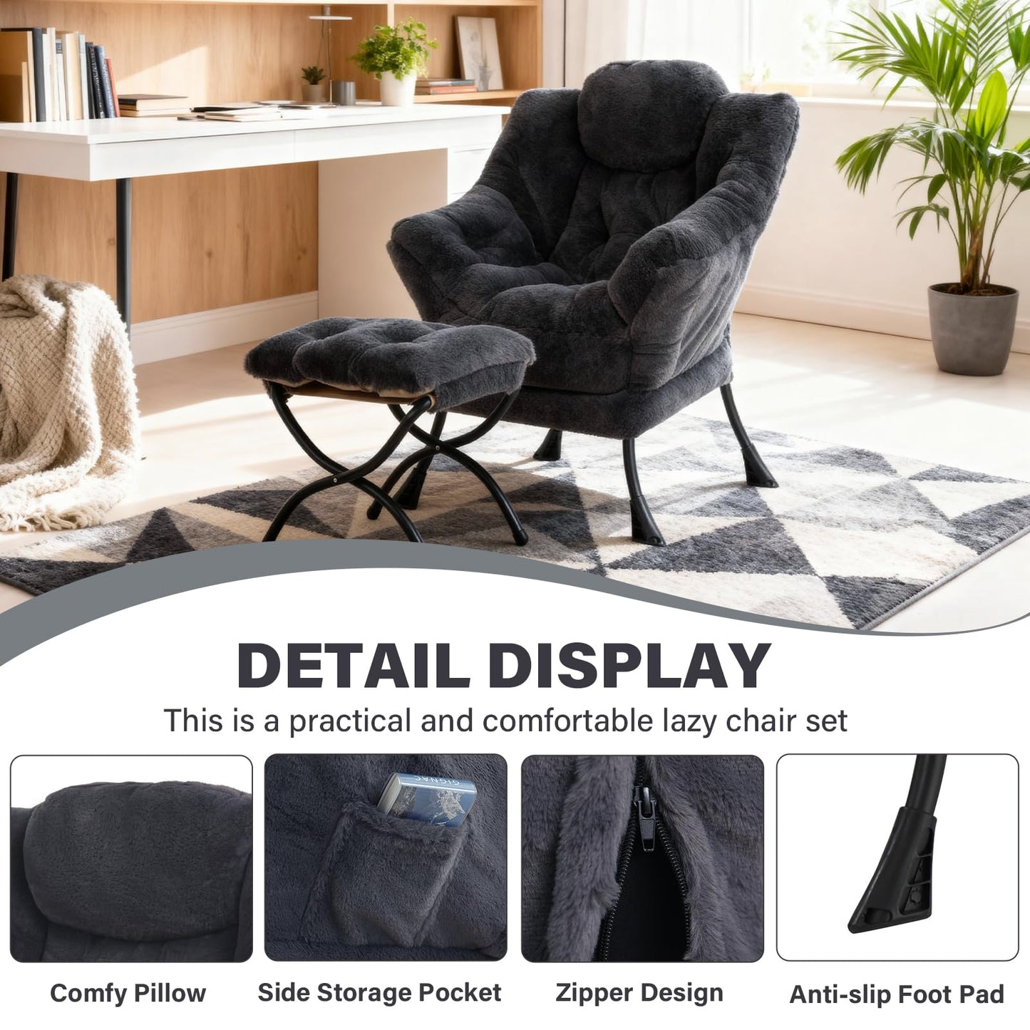 SESHINELL Lazy Chair with Ottoman, Modern Accent Chair Lounge Leisure Sofa Chair with Armrests, Reading Chair and Folding Footstool for Living Room, Bedroom, Office, Plush Navy