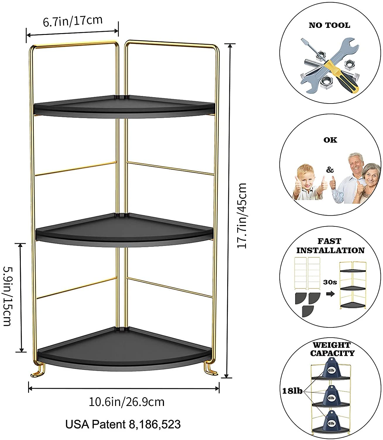 3-Tier Bathroom Countertop Organizer, Vanity Tray Cosmetic & Makeup Storage, Kitchen Spice Rack Standing Shelf, Corner Storage Shelf, Black & Golden
