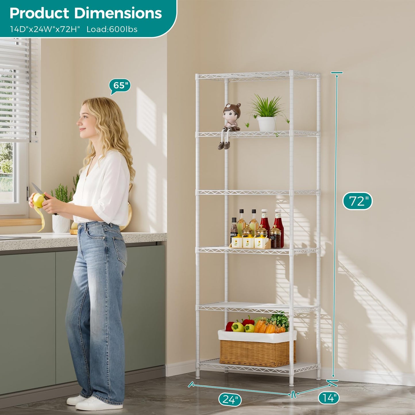 SINGAYE Shelf Wire Shelving Adjustable Storage Shelves Rack Standing Units for Kitchen Closet Laundry Bathroom Organizers Metal Pantry Narrow Mesh Gaps 14" D x 24" W x 72" H White
