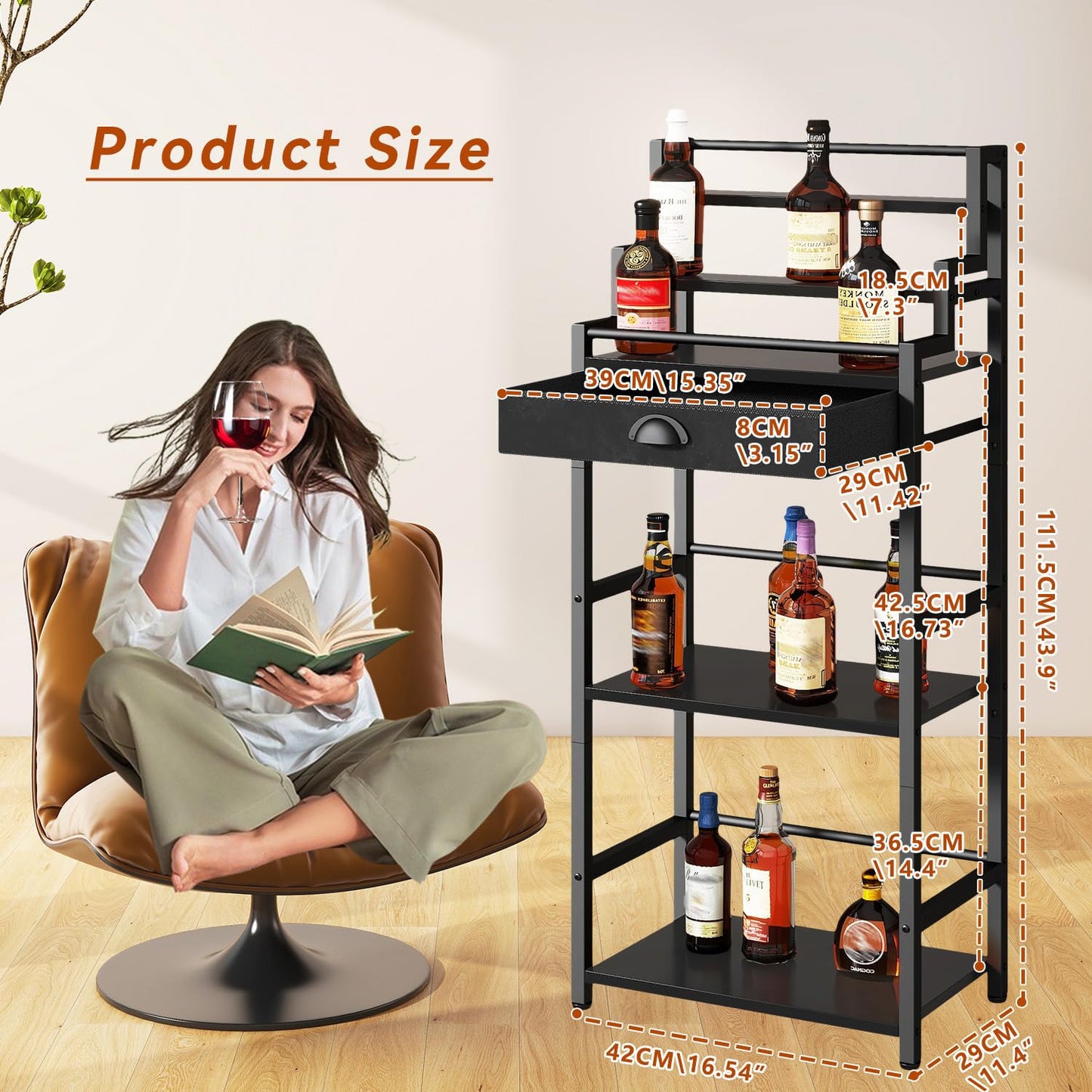 IBUYKE Stepped Wine Rack Freestanding Floor,Bar Cabinet with Drawer and Display Shelf for Whiskey,Corner Liquor Bottle Display Cabinet for Home,Living Room,Dining,Black UTMJ915B