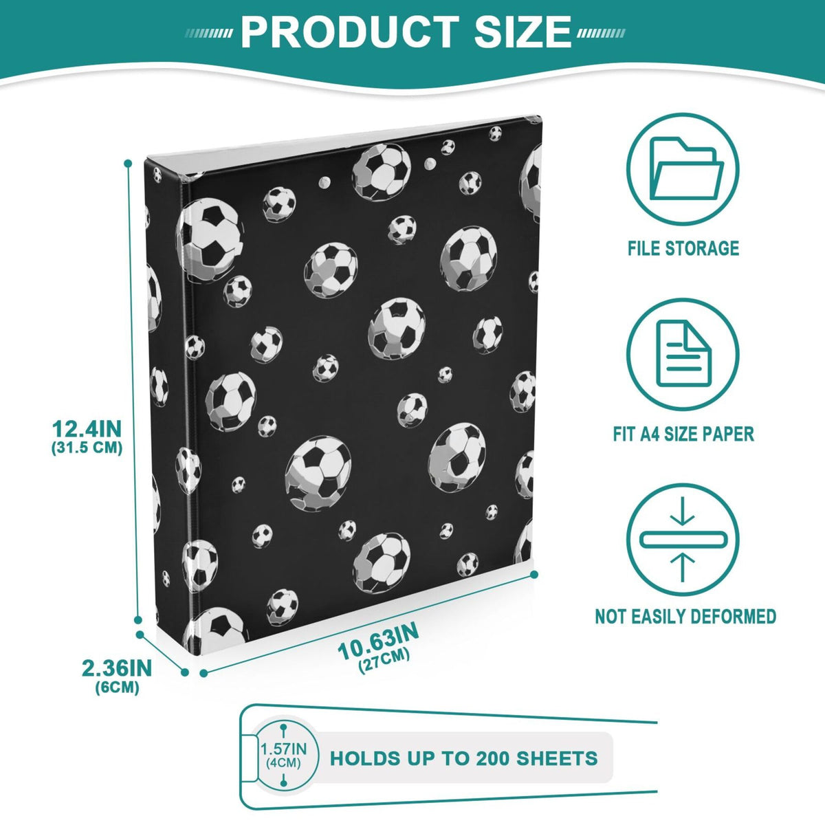 Football Black Round Ring Binders 1.5 Inch Soccer Sports Balls 3 Ring Clipboard Binder for Office School Work Supplies File Folder 200 Sheet Capacity