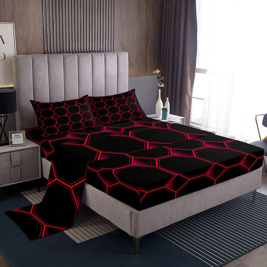 Honeycomb Bed Sheets Set Queen Size Geometric Hexagonal Beehive Sheet Set for Boys,3D Stereoscopic Red Hexagon Sheets,Neon Simplistic Geometrical Black Room Decor