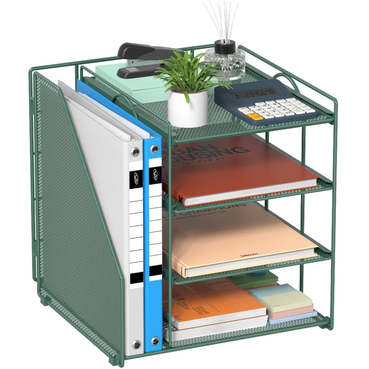 Becomrock Desk File Organizer and Accessories, 4-Tier Paper Organizer with Vertical File Holder, Office Desk Accessories & Workspace Organizers and Storage for Office Supplies (Green)