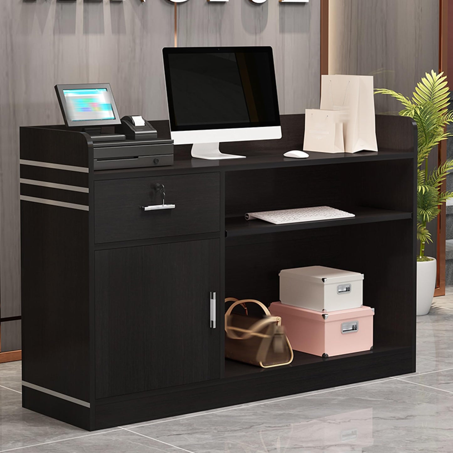 Modern Reception Desk with Lockable Drawers & Storage Cupboard, Reception Desk with Counter, Modern Retail Checkout Table, Lockable Drawers, Ideal for Salon, Office, and Clinic Use，（Black Wa