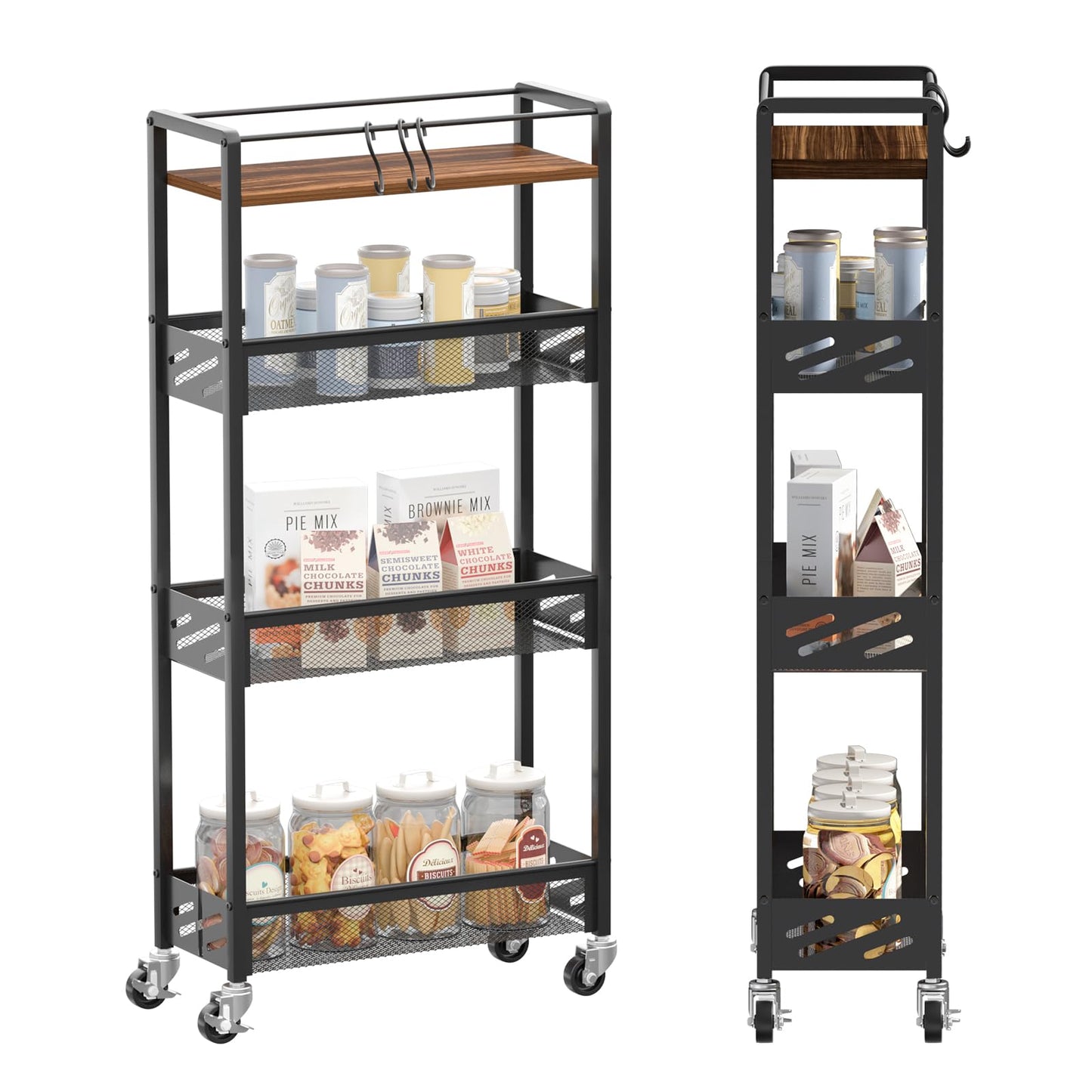 DGSNADGO Slim Rolling Storage Cart, 4-Tier Kitchen Cart on Wheels, Narrow Utility Cart with Handle and Wooden Tabletop for Small Space in Kitchen, Living Room, Bathroom, Rustic Brown and Black