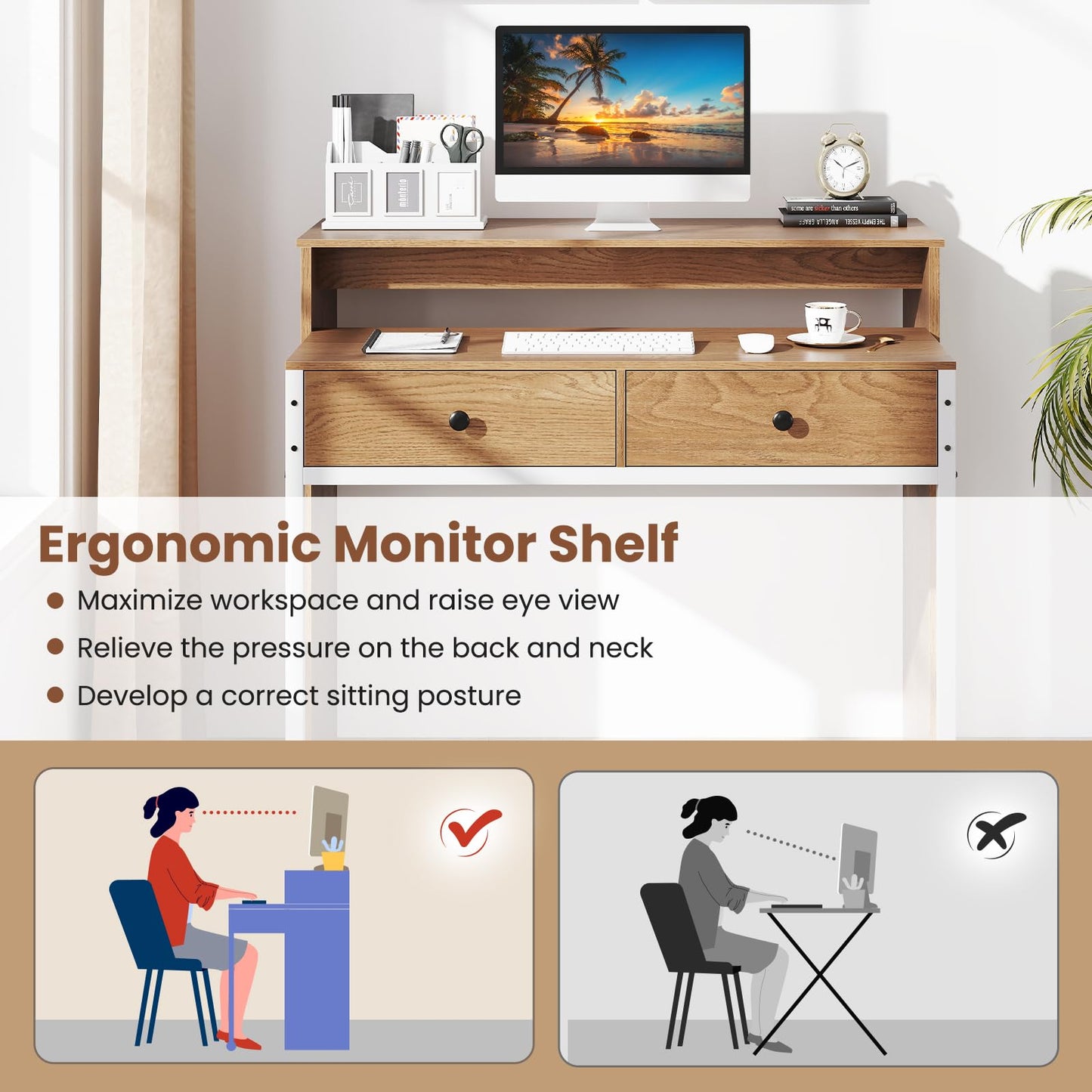 Giantex Small Computer Desk with Hutch & Drawers, Extendable Writing Desk w/Pull Out Secondary Table, Monitor Stand & Rolling Wheels, Console Table, Compact Desk for Small Spaces (Natural)